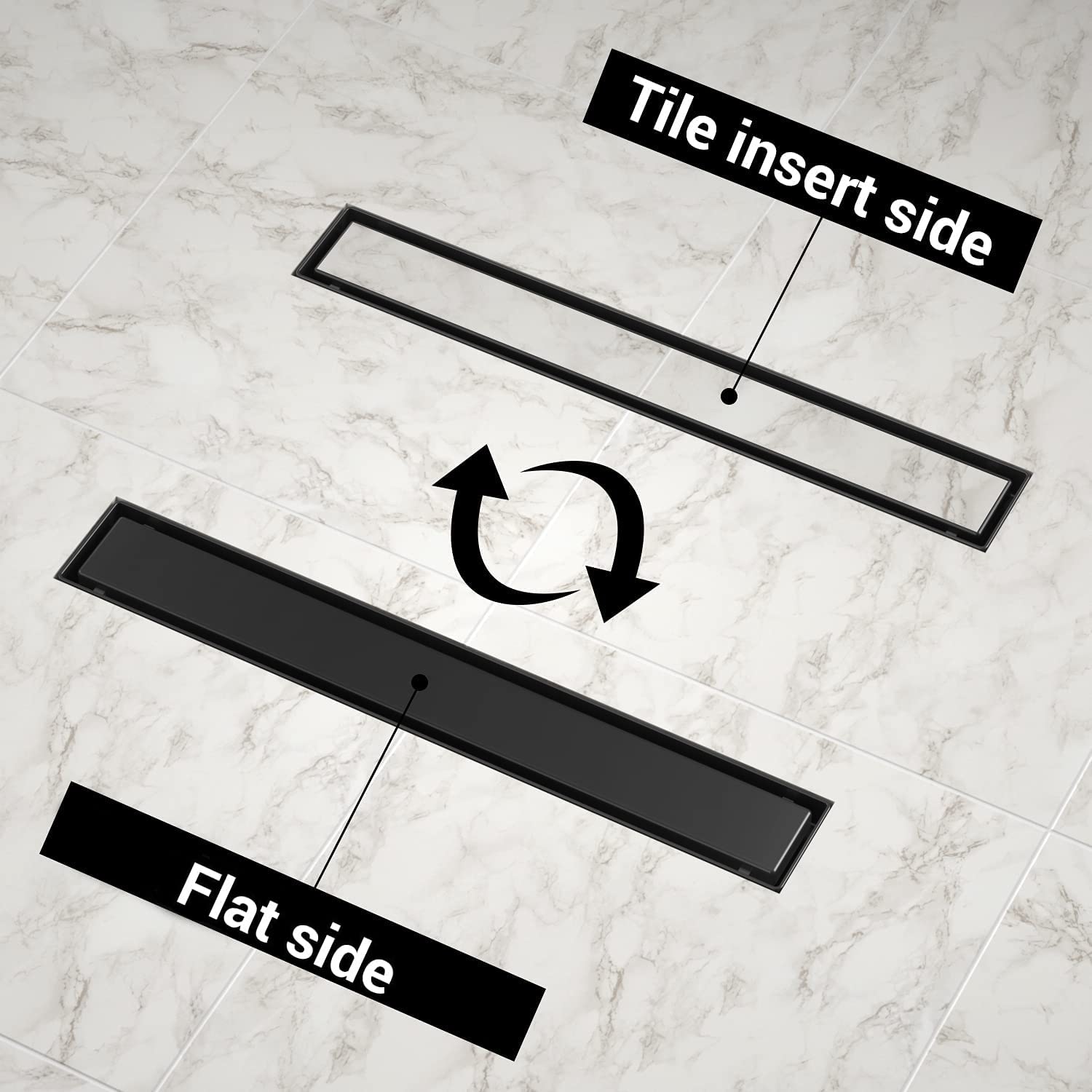 EXF 24-Inch Matte Black Offset Linear Shower Drain - Stainless Steel Rectangle Floor Drain with Reversible Cover & Hair Catcher - Adjustable Feet for Tile & Flat Installations | Perfect for Modern Bathroom Renovations & Walk-In Showers