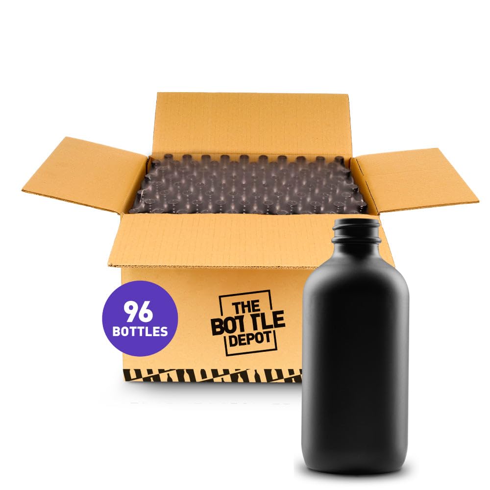 96 Pack 8 oz Black Frosted Glass Boston Round Bottles - 28-400 Neck Finish - Wholesale Bulk (Closures Not Included) - Ideal for Essential Oils, DIY Skincare, Spice Storage & Home Brewing