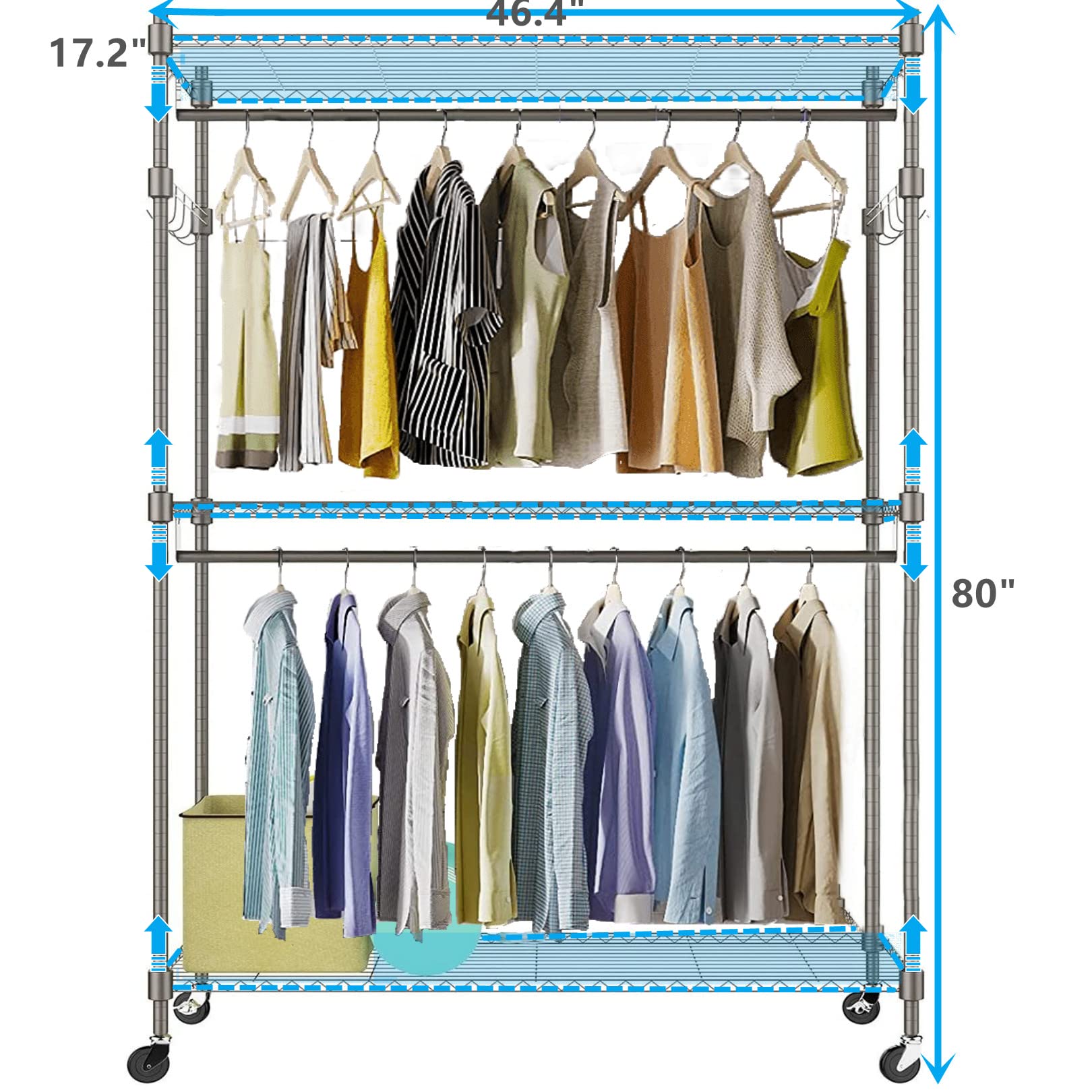 Himimi 3-Tier Heavy Duty Garment Rack - Freestanding Metal Clothes Rack with Double Rods, Wheels & Side Hooks | Portable Wire Shelving for Hanging Clothes, Jackets & Accessories | Perfect for Bedroom, Closet, Laundry Room & Small Space Organization (Grey)