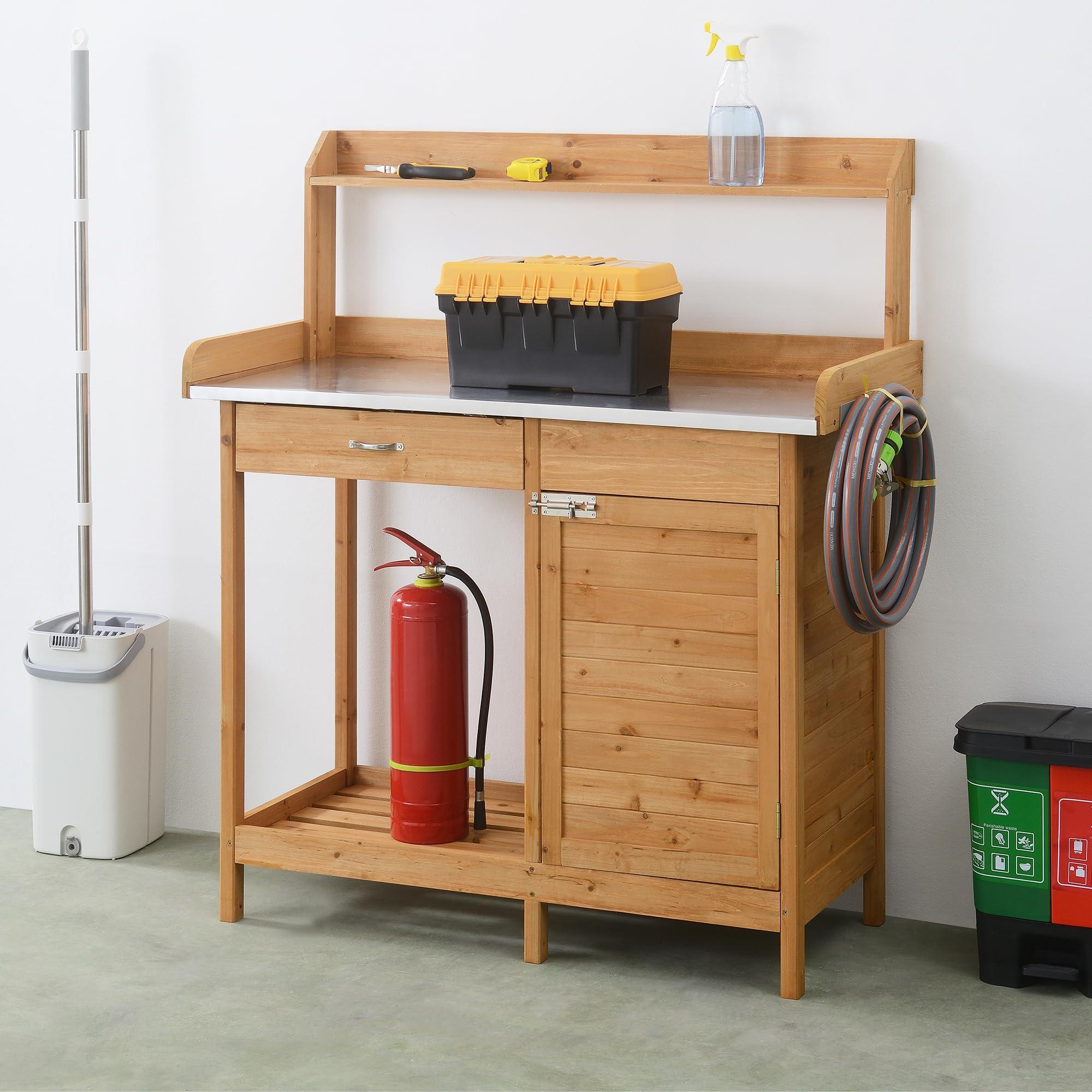 Deluxe 1 Drawer Potting Bench with Storage Cabinet & Shelves - Light Oak Wood Garden Workstation for Planting, Gardening & Outdoor Storage