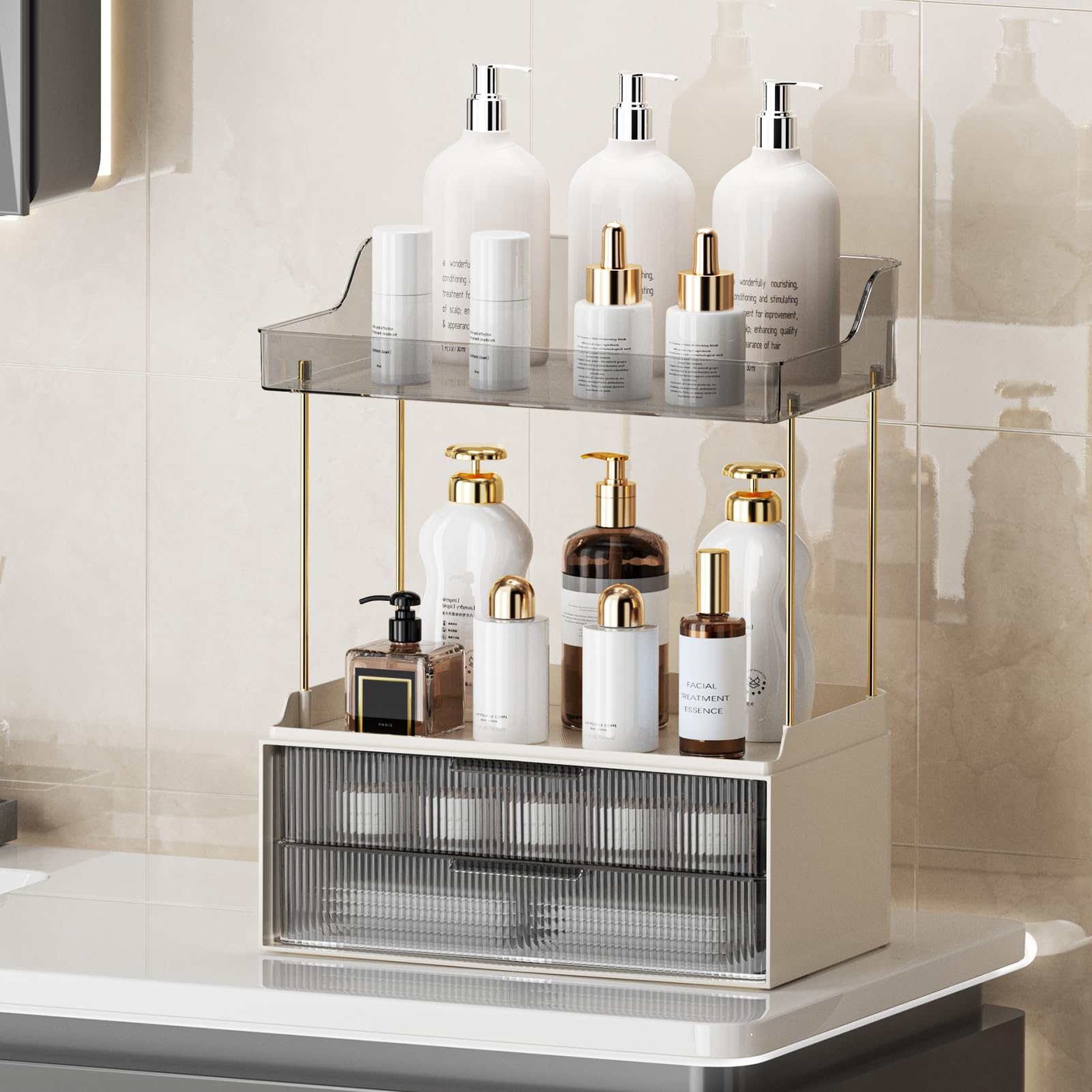 2-Tier 2-Drawer Bathroom Countertop Organizer | Multi-Purpose Makeup Storage Rack for Vanity & Cosmetic Counter | Space-Saving Grey Organizer for Bathroom, Bedroom & Dressing Table