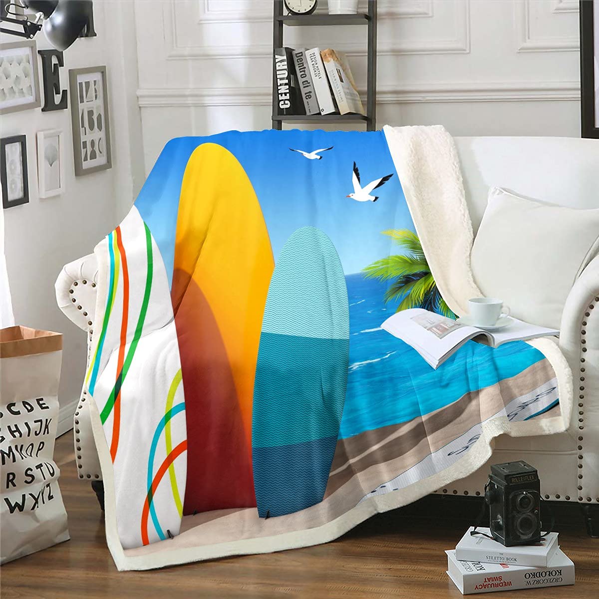 Erosebridal Surfboard Throw Blanket 50x60 - Tropical Beach Sherpa Fleece Blanket for Kids & Teens - Boys Girls Summer Plush Blanket with Palm Tree Design - Soft Fuzzy Blanket for Sofa, Bed, Travel & Outdoor Use - Blue