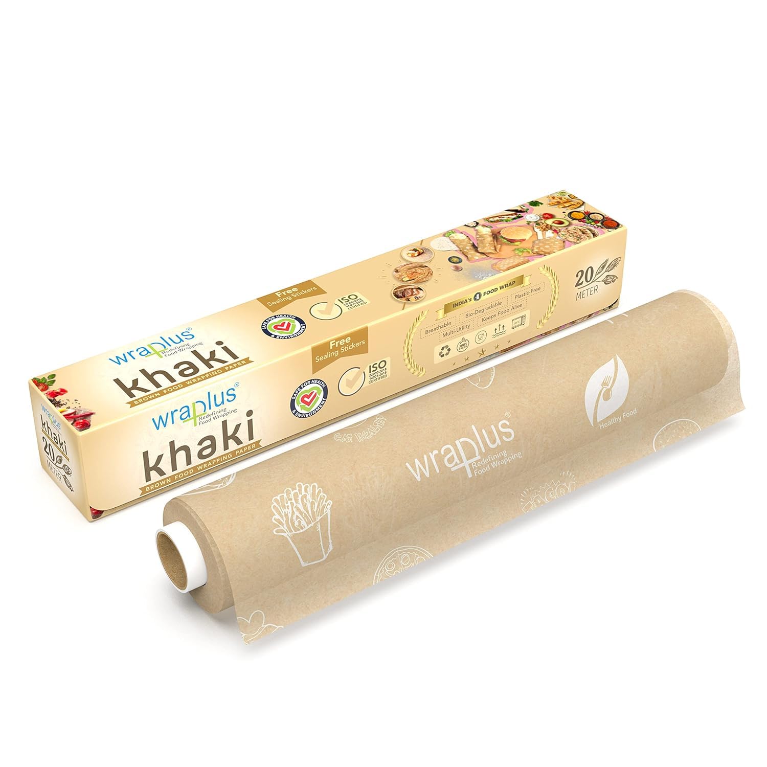 Wraplus Premium Khaki & White Food Wrapping Paper Roll - 20M (Pack of 1) | Eco-Friendly, Leak-Proof Kitchen Wrap for Sandwiches, Meal Prep & Leftovers