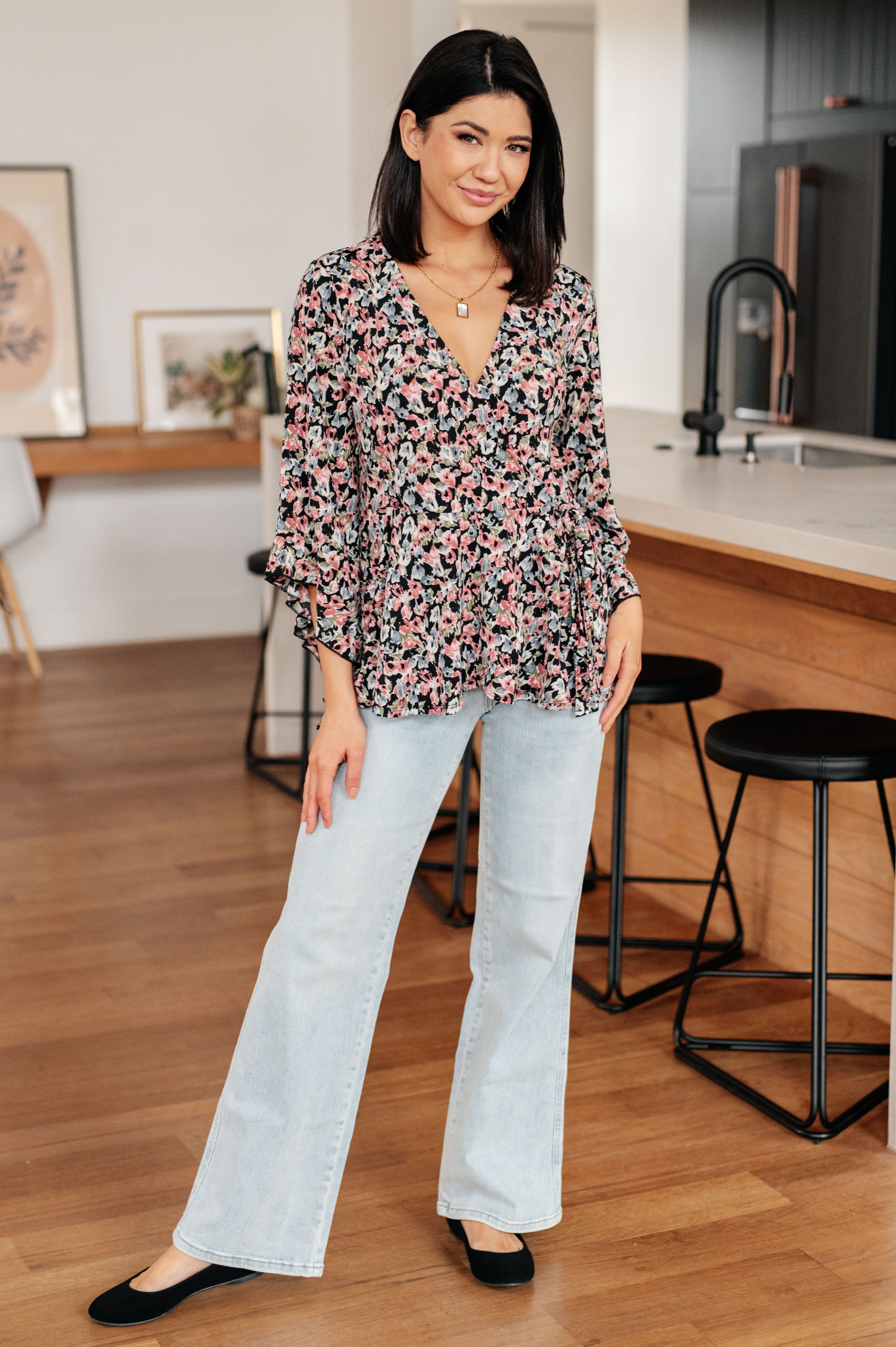 Black Floral Angel Sleeve Top for Women - Elegant Boho Blouse for Casual Wear, Date Night & Special Occasions