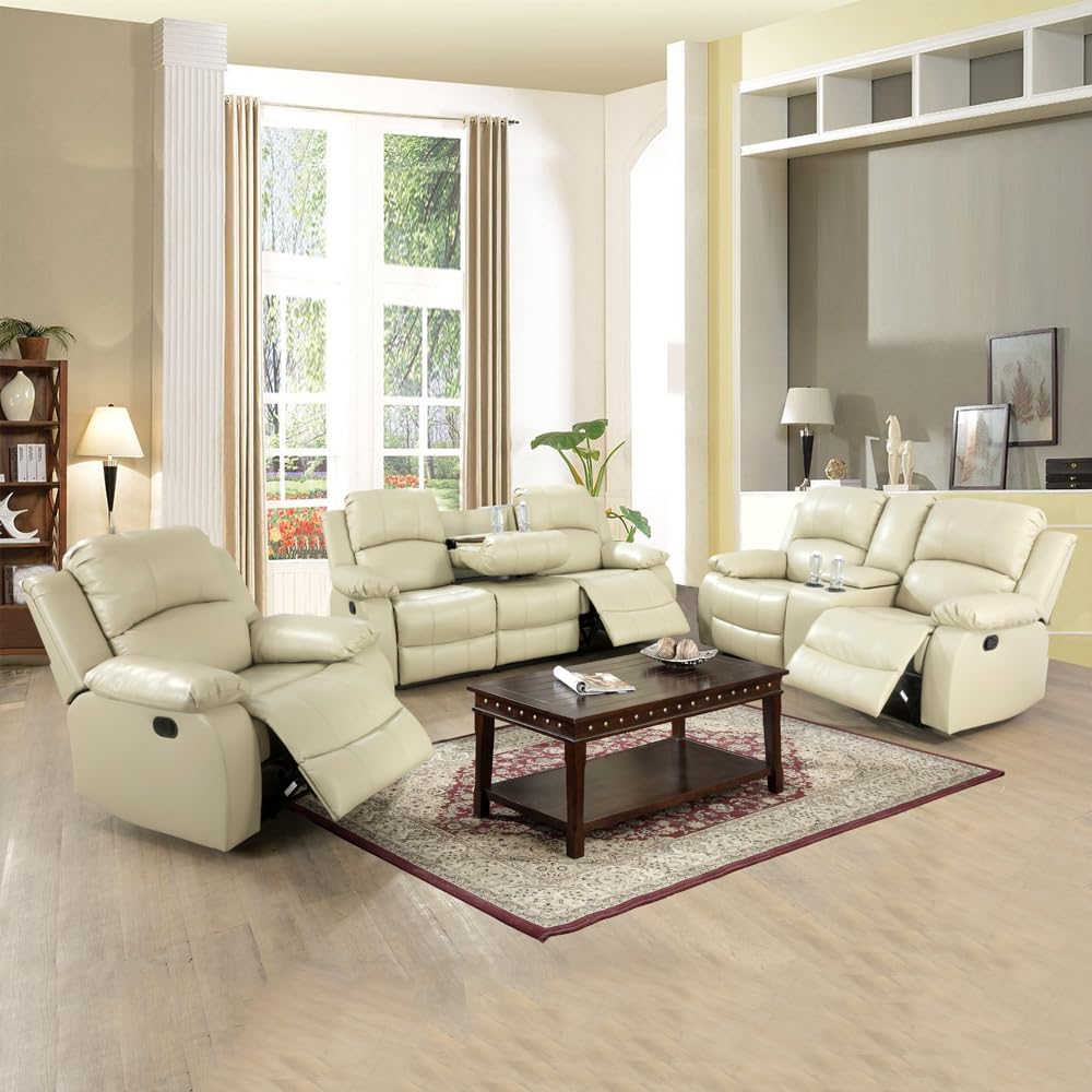 Ainehome 3-Piece Recliner Sofa Set - Manual Reclining Loveseat with Storage Console & Cup Holders, Bonded Leather Sectional Couch for Living Room, Home Theater or Family Room (Beige) - Comfortable Seating for Movie Nights & Relaxation
