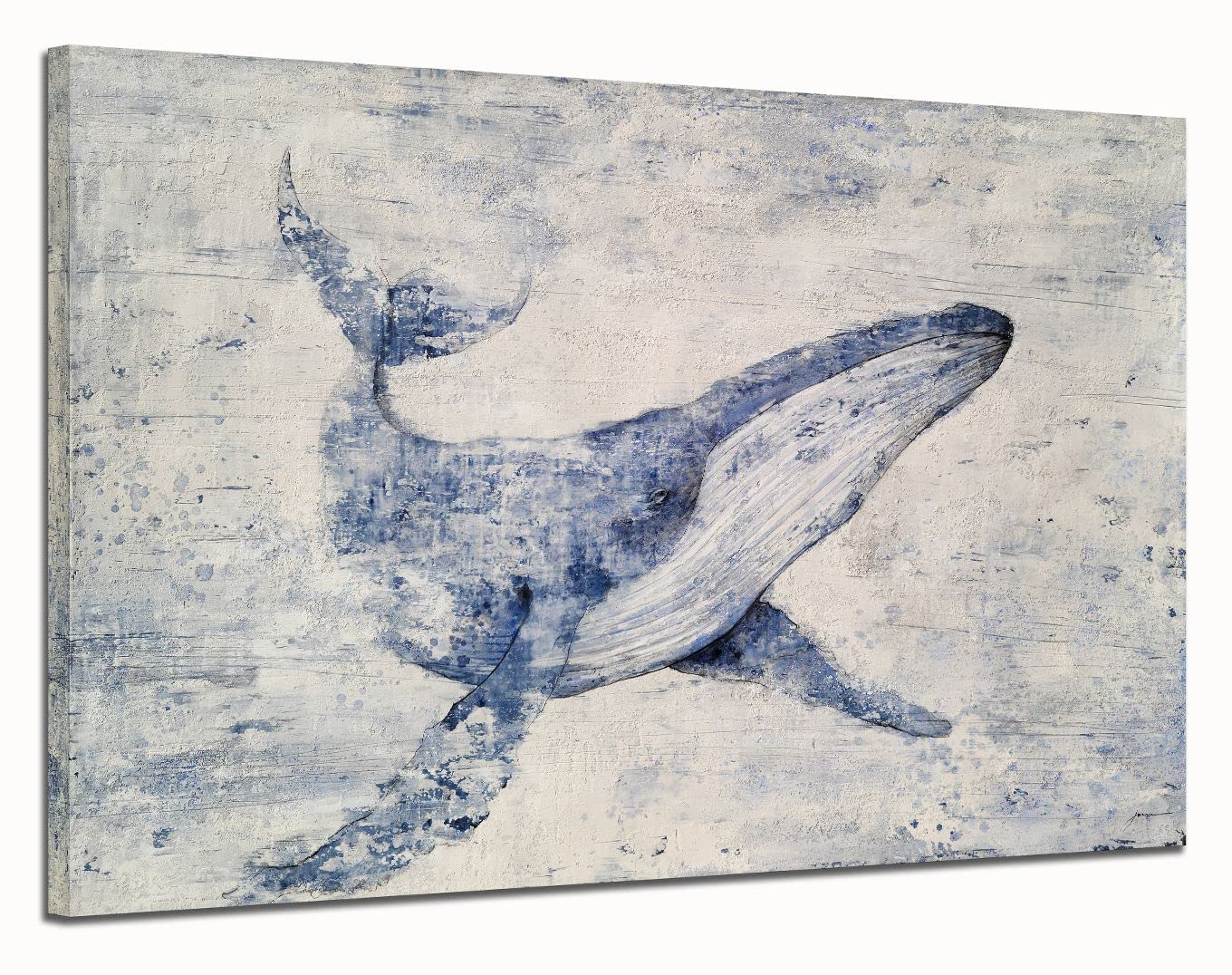 Hand Painted Blue and White Abstract Whale Canvas Wall Art - Modern Coastal Animal Painting for Living Room, Bedroom, Bathroom Decor | Perfect for Beach House, Nursery & Office Wall Decoration
