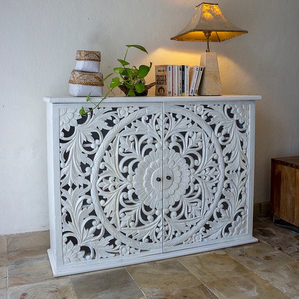 Hand Carved Whitewashed Wooden Entryway Cabinet - Rustic Farmhouse Style Hallway Storage for Shoes, Coats & Decor | Perfect for Entryways, Living Rooms & Bedrooms