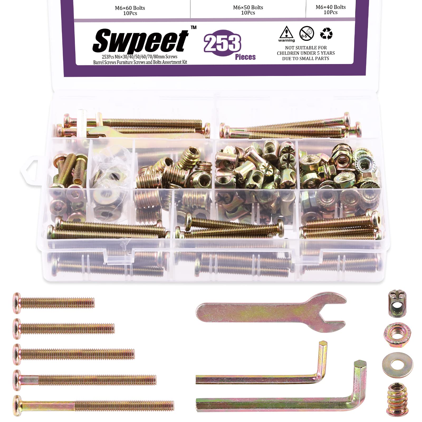 Swpeet 253Pcs M6 x 30-80mm Zinc Plated Crib Hardware Screws Kit - Hex Socket Head Cap Bolts, Barrel Nuts, Flat Washers & Flange Nuts for Baby Crib Assembly & Furniture Repair | DIY Home Improvement Project