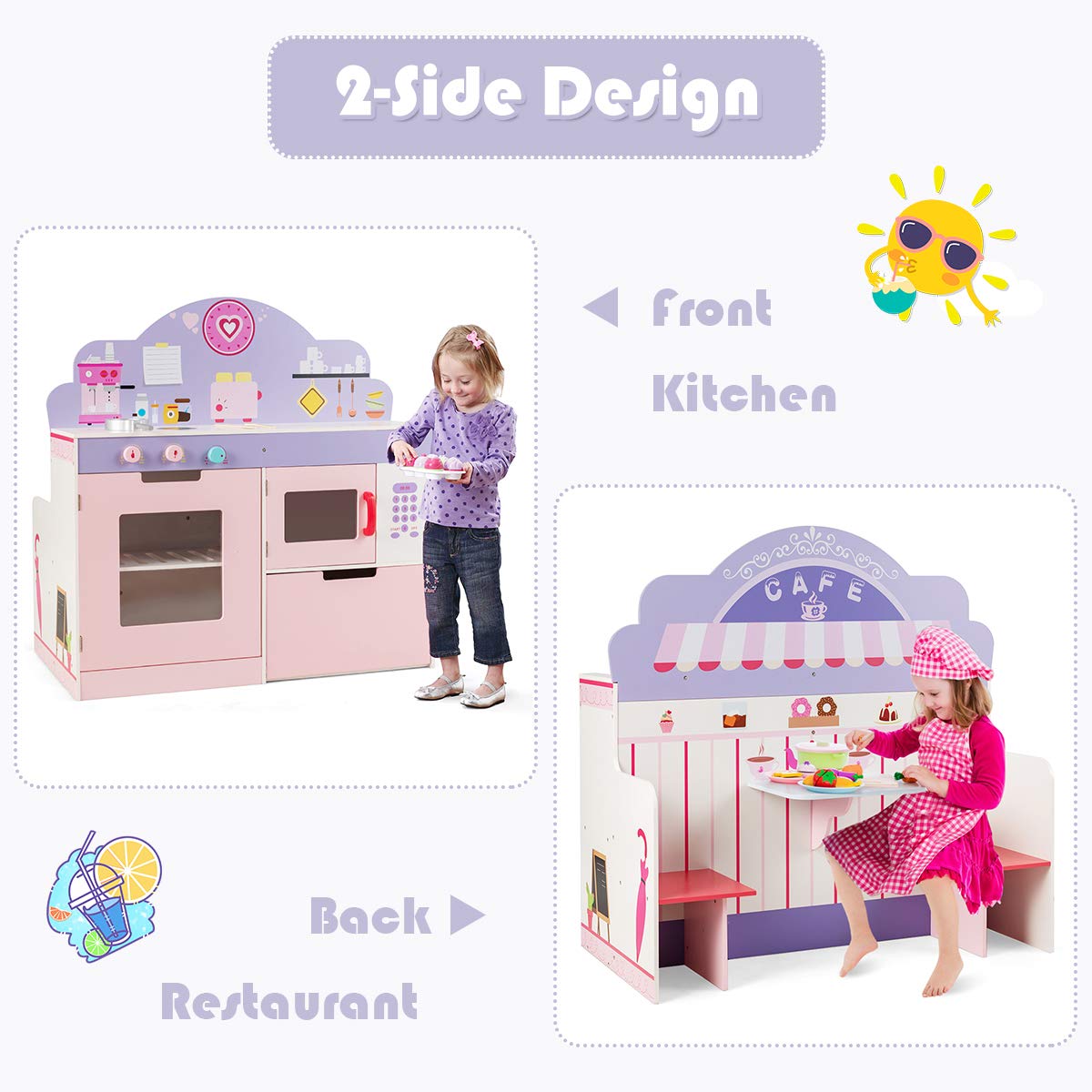 Costzon 2-in-1 Kids Play Kitchen & Wooden Pretend Cafe Set with Stove, Oven, Microwave & Storage - Interactive Cooking Toy for Toddlers & Preschoolers - Perfect for Role Play, Birthday Gifts & Indoor Pretend Play (Pink)