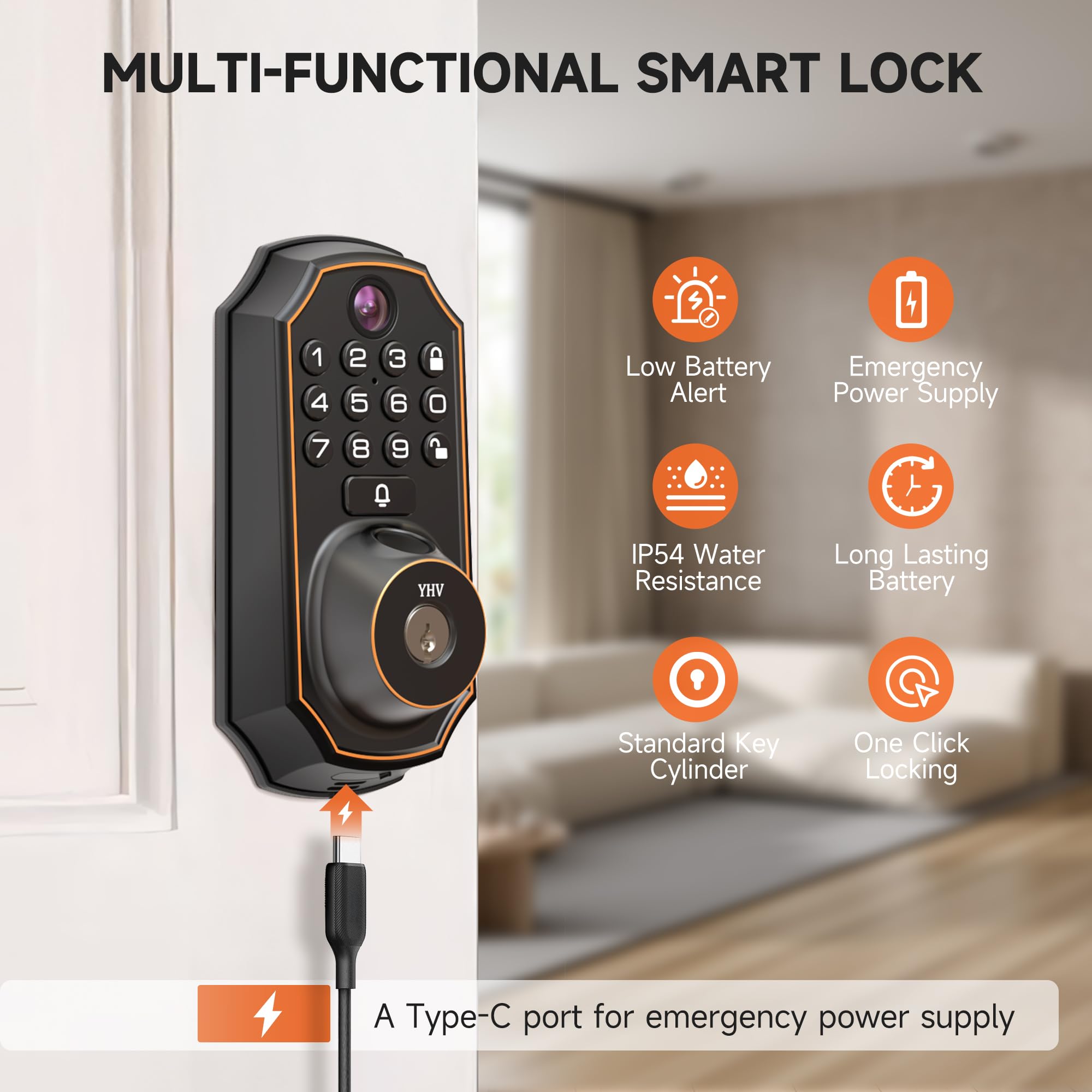Smart Wi-Fi Keyless Entry Door Lock with Fingerprint & Camera - Remote Control via App, Keypad Code & Auto Unlock - Secure Electronic Deadbolt for Front Door (Ideal for Home Security & Vacation Rentals)