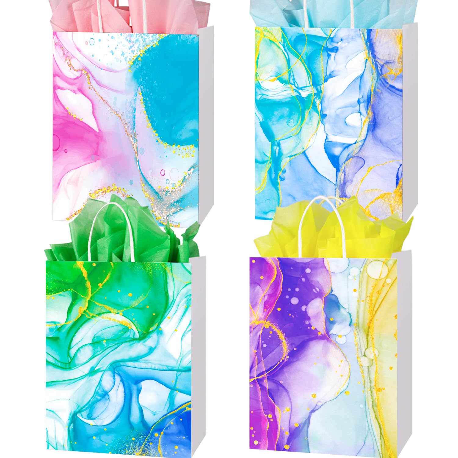 24Pcs Marble Pattern Gift Bags with Tissues - 9 Inch Colorful Party Favor Bags with Handles for Birthday Parties, Weddings, Baby Showers & Shopping Gifts (4 Assorted Designs) | Perfect for Kids, Girls Events, Gift Wrapping & Party Decorations