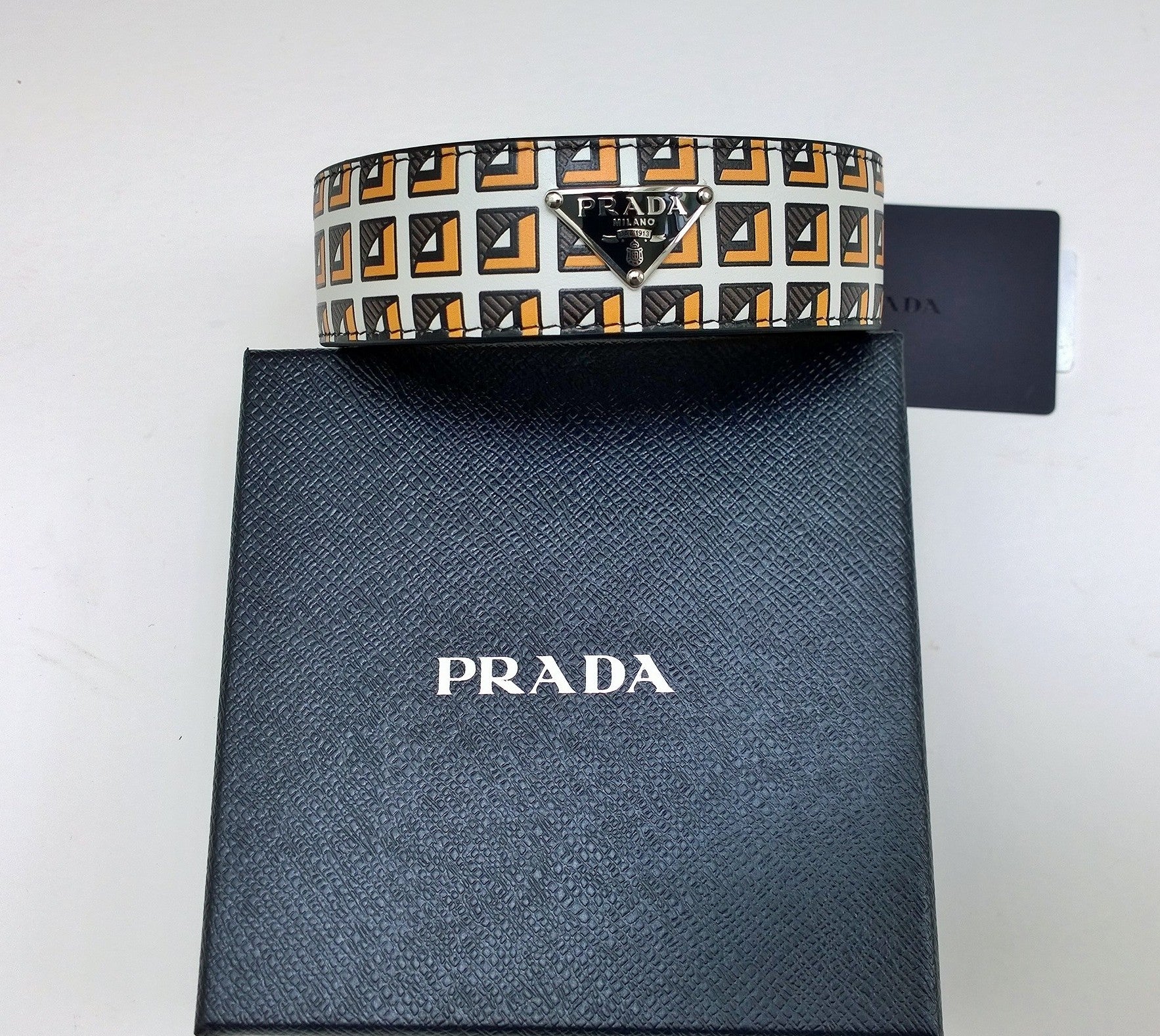 Prada Logo Printed Leather Collar Necklace & Double Bracelet Set - Elegant Choker for Women, Perfect for Parties, Weddings & Special Occasions
