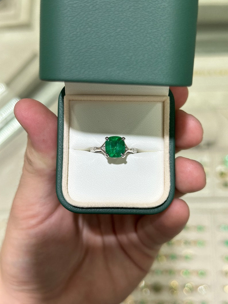 2.73ct Dark Green Cushion Cut Natural Emerald Platinum Engagement Ring for Women - Elegant Floral Design Perfect for Proposals, Weddings & Anniversary Gifts