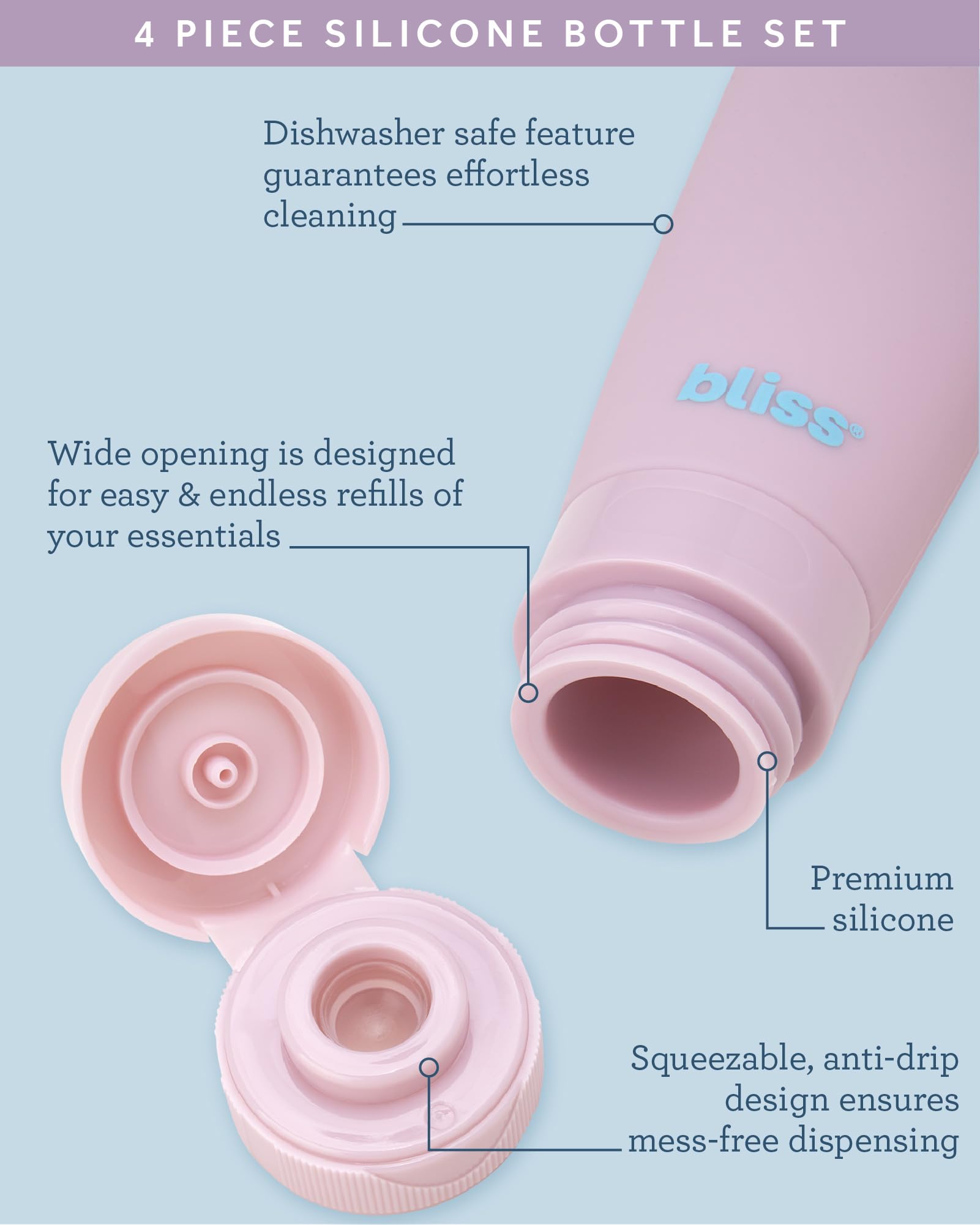 Bliss Silicone Travel Bottles 4 Pack - Leakproof Refillable TSA Approved Toiletry Containers for Shampoo, Conditioner & Body Wash | Portable Mini Squeeze Bottles for Vacation, Gym, Camping & Air Travel Essentials