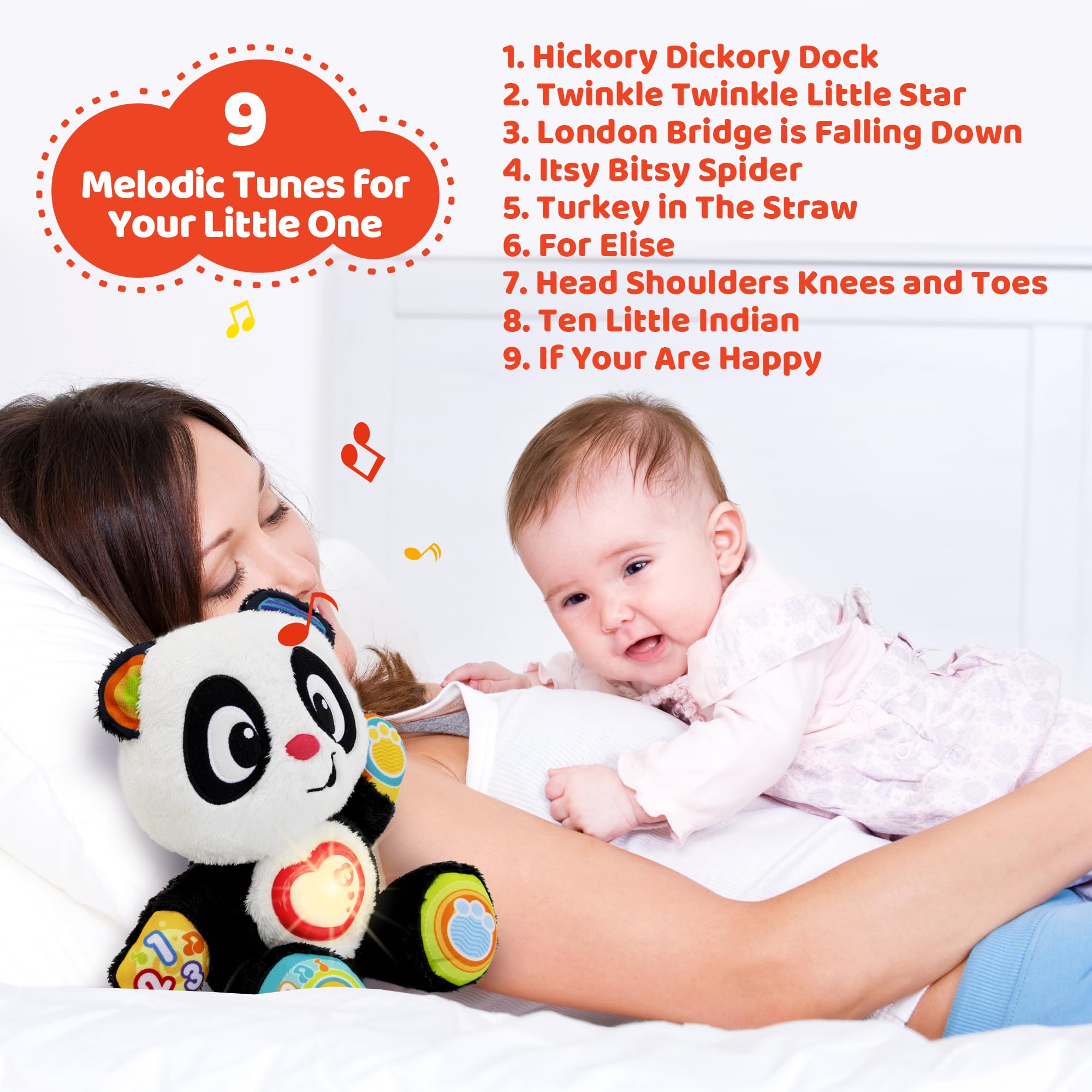 Kiddolab Musical Plush Panda Toy - Soft Stuffed Animal with Heart-Shaped Light-Up Button, Plays Fun Melodies - Interactive Learning Toy for ABC, Numbers & Body Parts - Perfect Baby Gift for 6+ Months & Up - Great for Playtime, Cuddling & Early Education