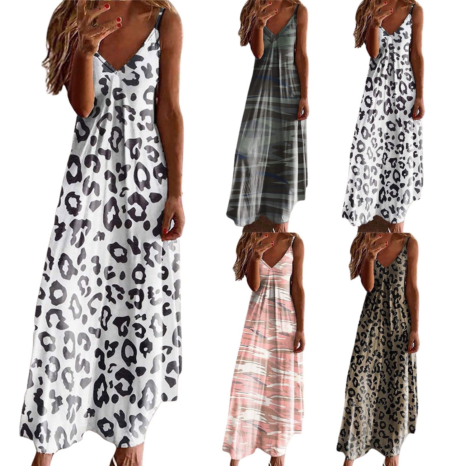 Women's Spaghetti Strap Maxi Dress - V Neck Leopard Camo Floral Tie Dye Sunflower Print Summer Beach Dress | Perfect for Vacation, Pool Party, and Casual Outings