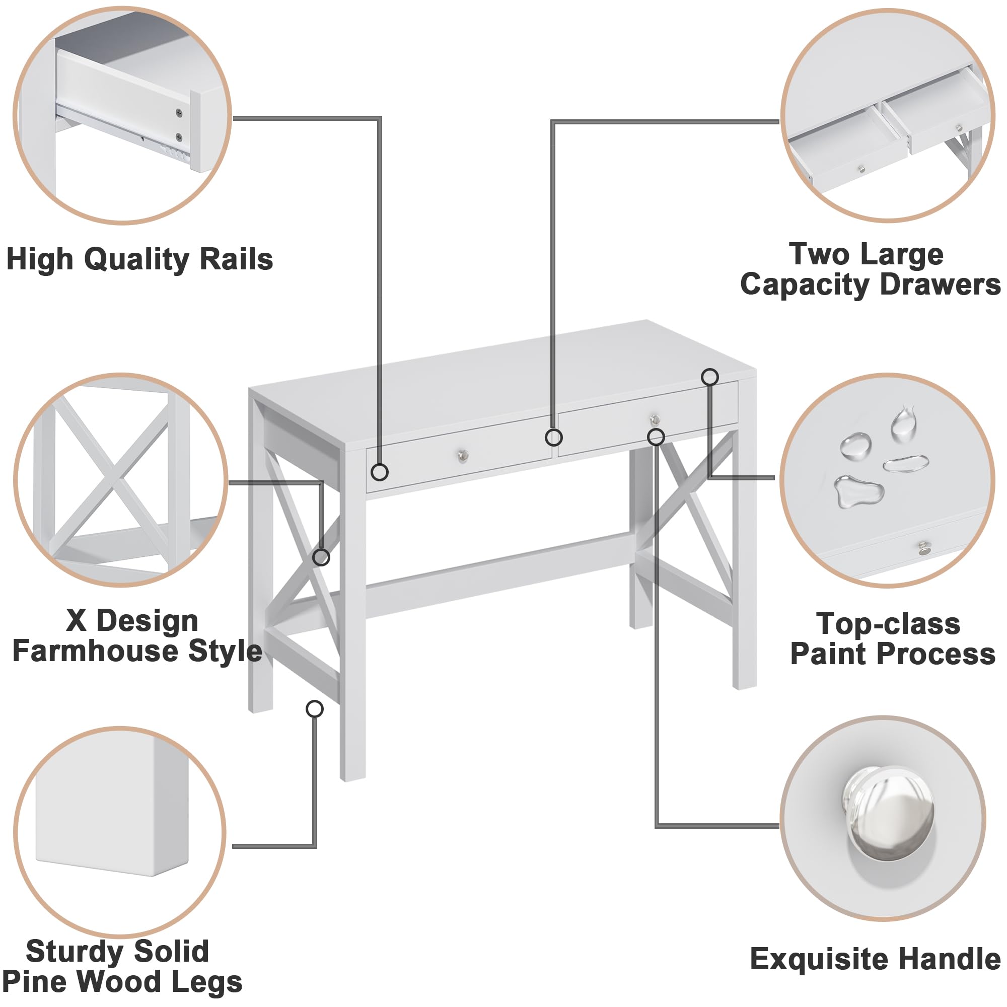 Modern 40-Inch White Computer Desk with Drawers - Home Office Study Desk, Makeup Vanity & Console Table for Small Spaces | Perfect for Remote Work, Online Learning & Beauty Routine Organization