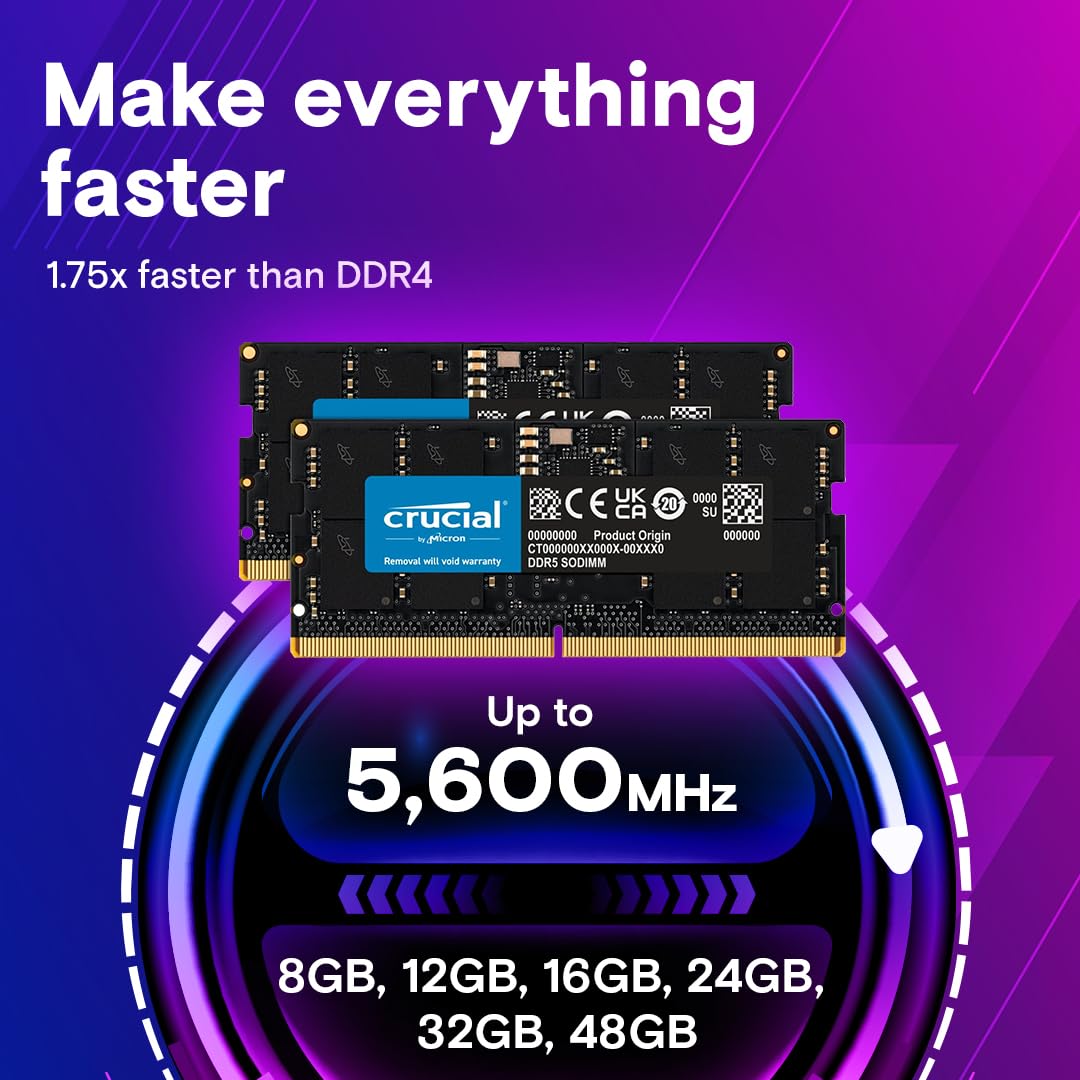 Crucial RAM 32GB DDR5 5200MHz (4800MHz) SODIMM Laptop Memory - CT32G52C42S5 - Upgrade for Gaming, Video Editing & High-Performance Laptops