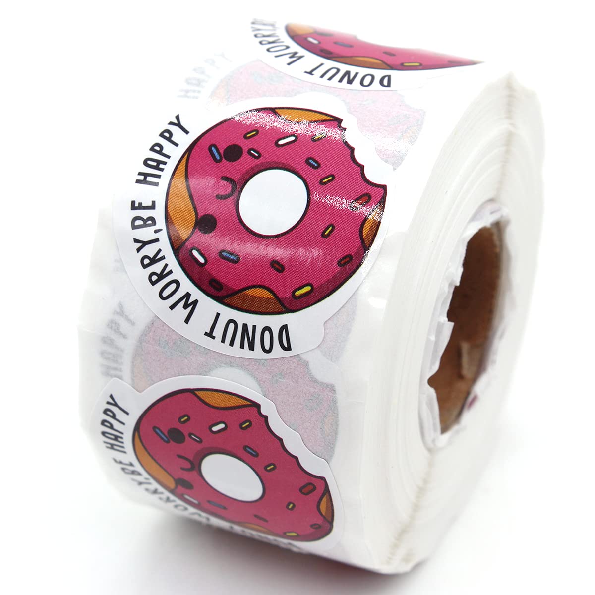 1.5 Inch Donut Worry Be Happy Stickers - 500 PCS Pack - Thank You Stickers for Small Business, Handmade Shop & Packaging - Cute Decorative Stickers for Laptops, Water Bottles & Gift Wrapping