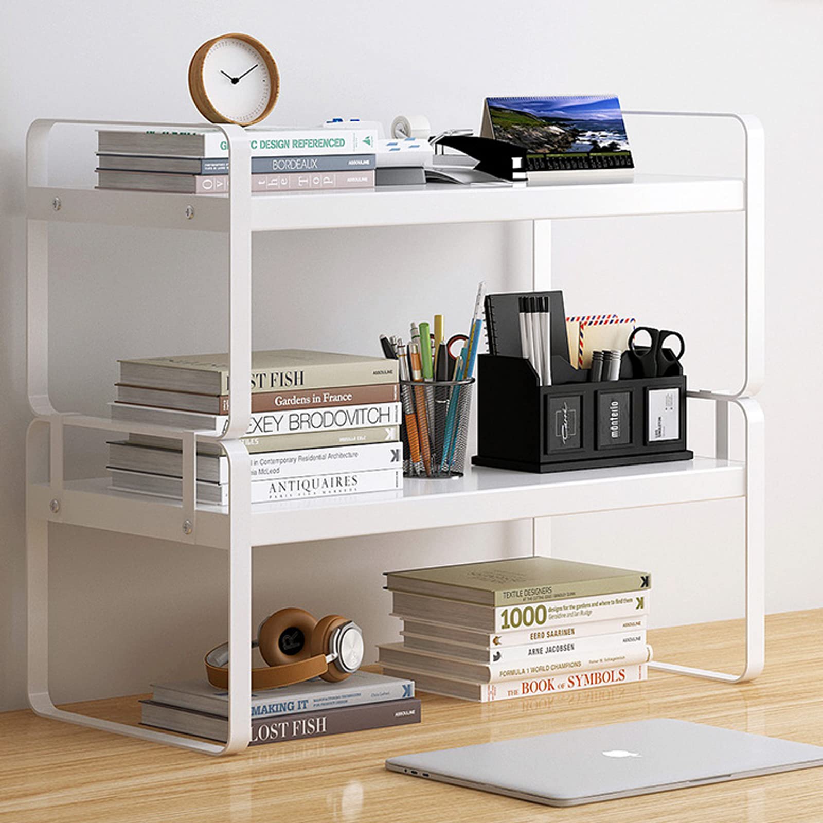Wooden Office Desk Shelf Organizer - 2-Tier Desktop Organizer for Supplies, Books & Decor | Stylish Storage Rack for Women, Men & Kids | Perfect for Home Office, Dorm Room & Workspace (White)