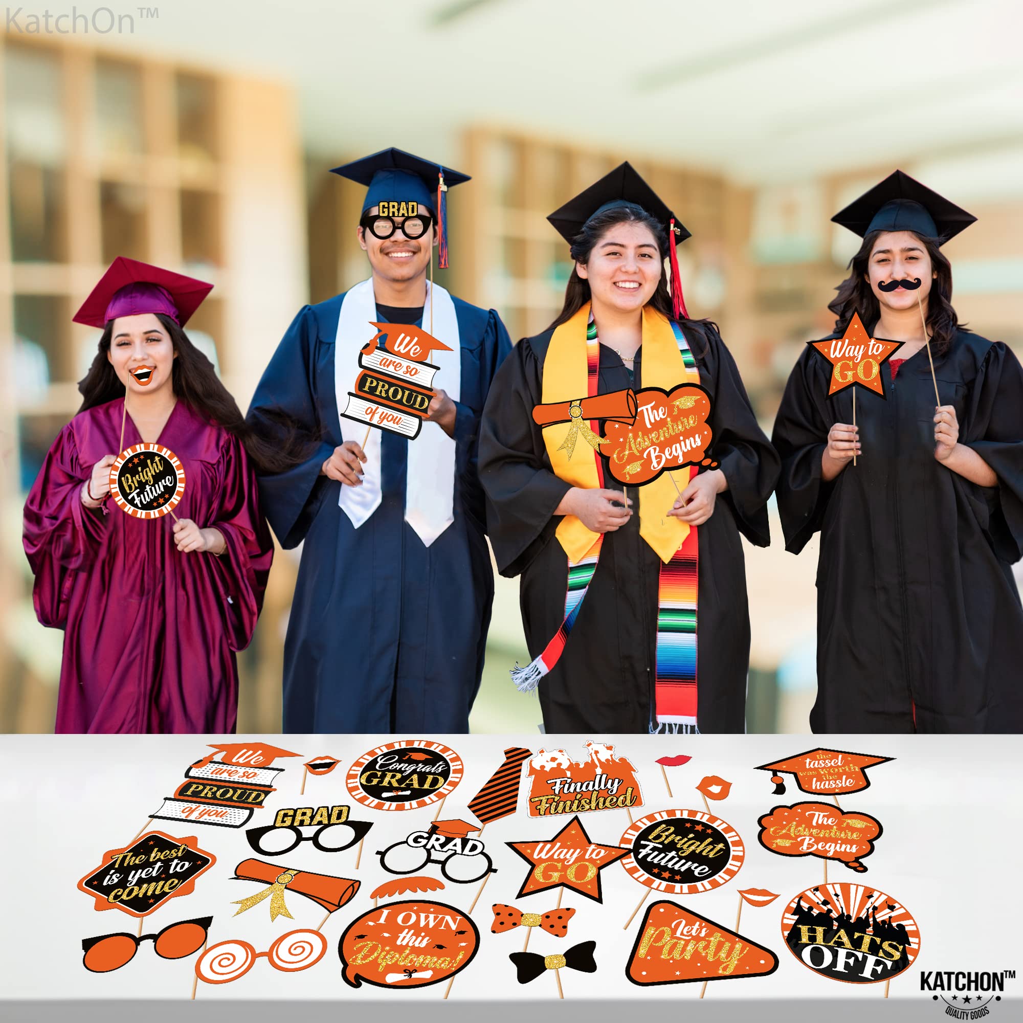 KatchOn 2025 Graduation Photo Booth Props - 30-Pack Glitter Orange & Black Decorations for Class of 2025 | Perfect for Graduation Parties, Photo Backdrops & School Events