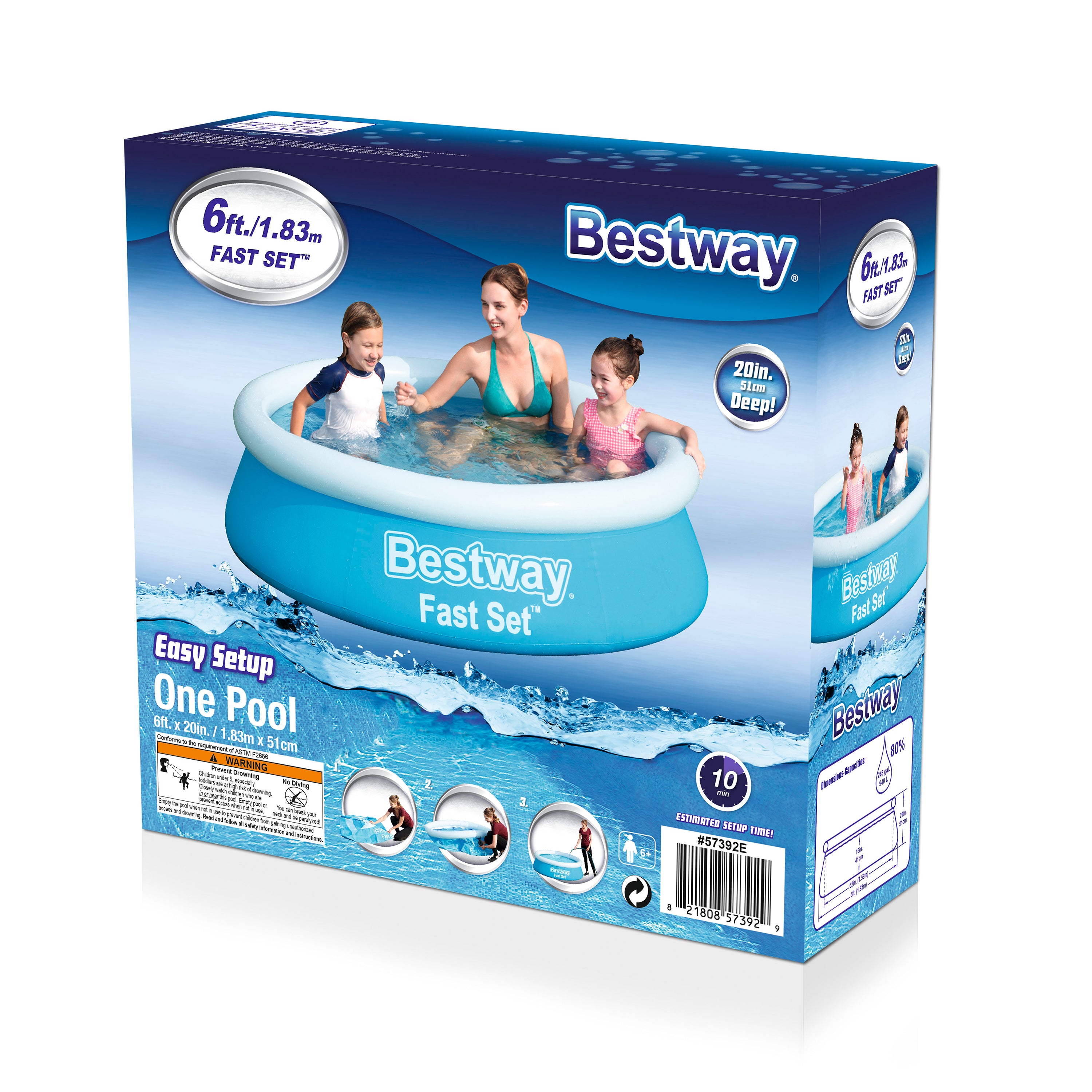 Bestway Fast Set Inflatable Round Swimming Pool - 6ft Family Size, Durable Blue Above Ground Pool for Backyard, Garden & Summer Fun