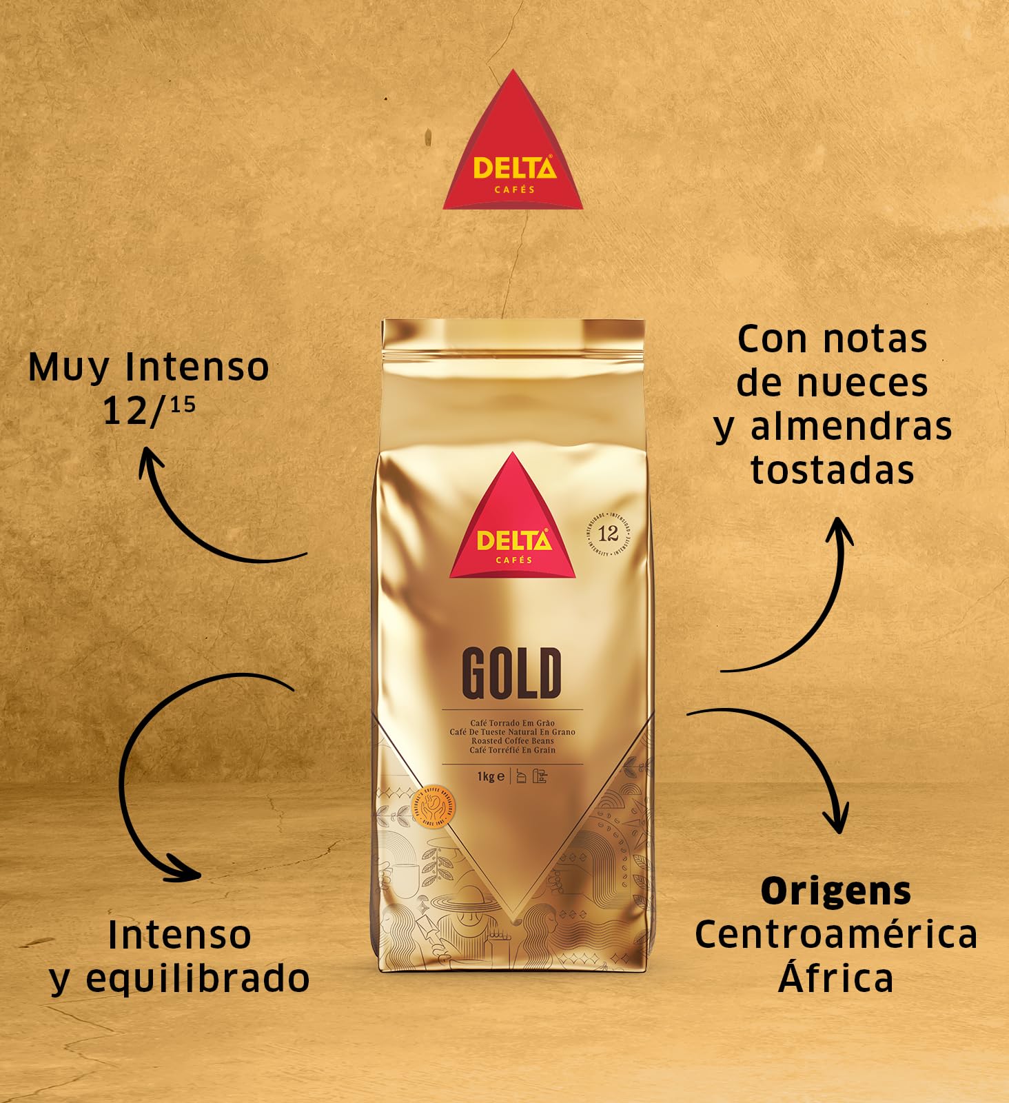 Delta Cafés Gold Whole Bean Coffee - Premium Naturally Roasted Espresso Beans, 2.2lb Bag | Rich Aroma & Bold Flavor for Home Brewing, Office Use & Gifts