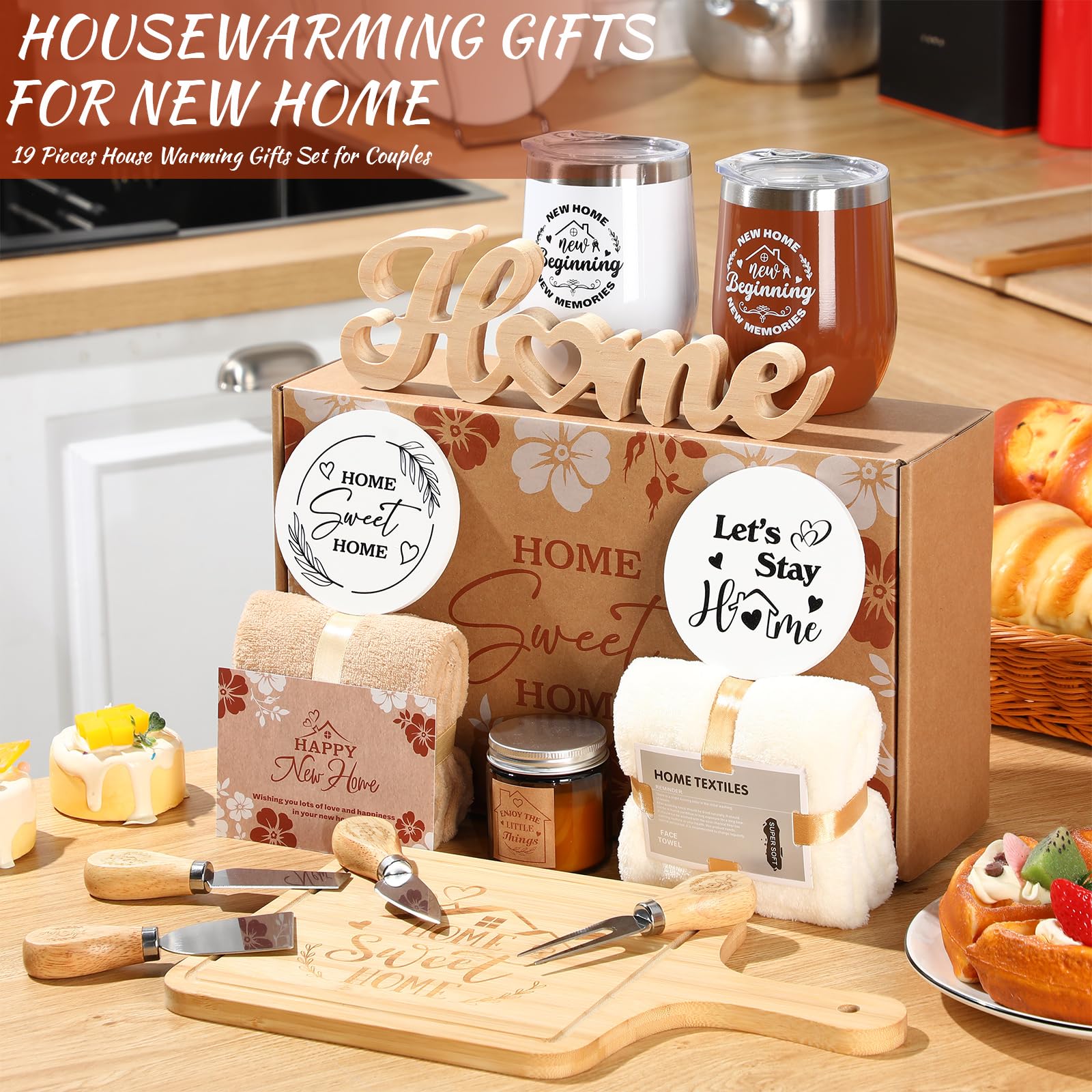 19-Piece Housewarming Gift Basket Set for Couples, Friends, Women & Men - New Home, Apartment, Kitchen & Dinner Essentials (Nature & Classic Style) - Perfect for Housewarming Parties, New Home Celebrations & Thoughtful Gifts