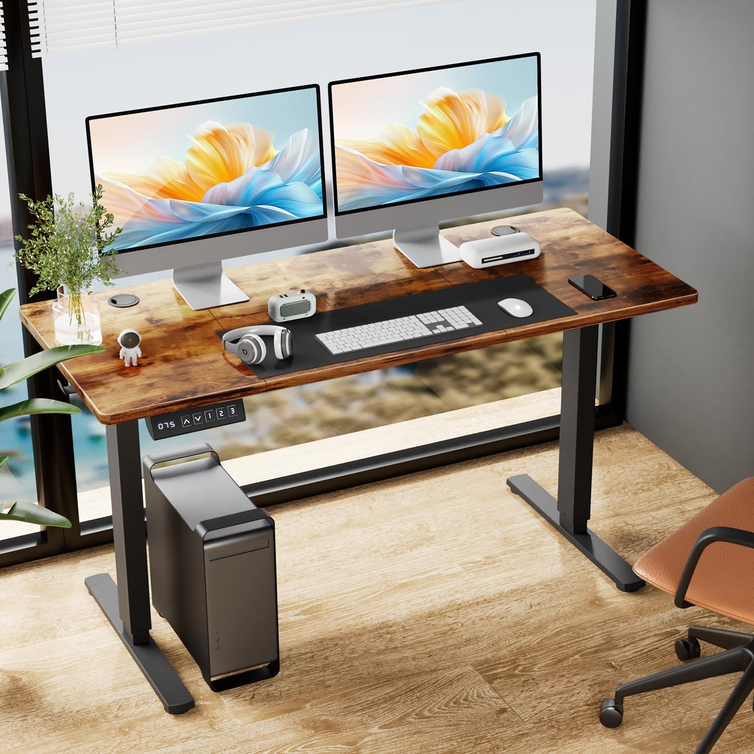 Adjustable Height Electric Standing Desk - 63x24 Inch Ergonomic Sit Stand Computer Table with Motorized Lift for Home Office & Gaming Workstation (Brown) | Perfect for Remote Work, Video Calls & Healthy Work Posture