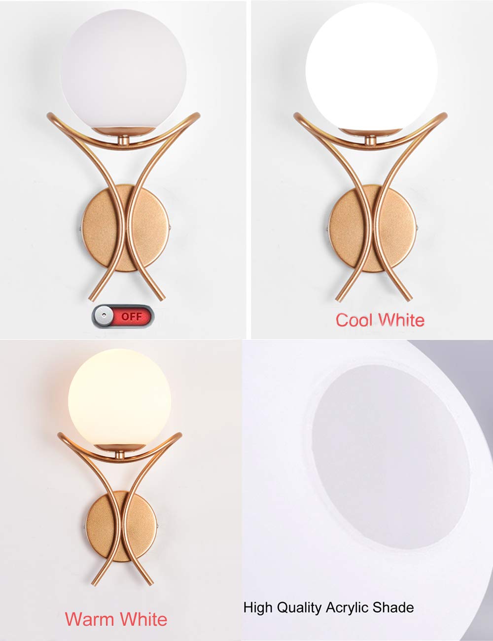 Kiven 1 Light Plug-in Wall Sconce Fixture with White Globe Glass & Satin Copper Finish - Perfect for Bedroom, Hallway, and Living Room Lighting