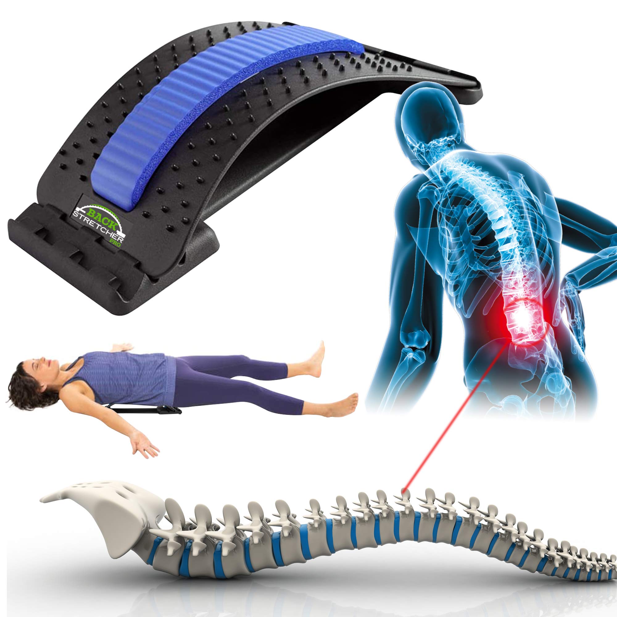 4-Level Adjustable Back Stretcher for Pain Relief - Sciatica, Spinal Curvature & Muscle Tension - Ergonomic Back Massager (Blue) - Perfect for Office, Home & Post-Workout Recovery
