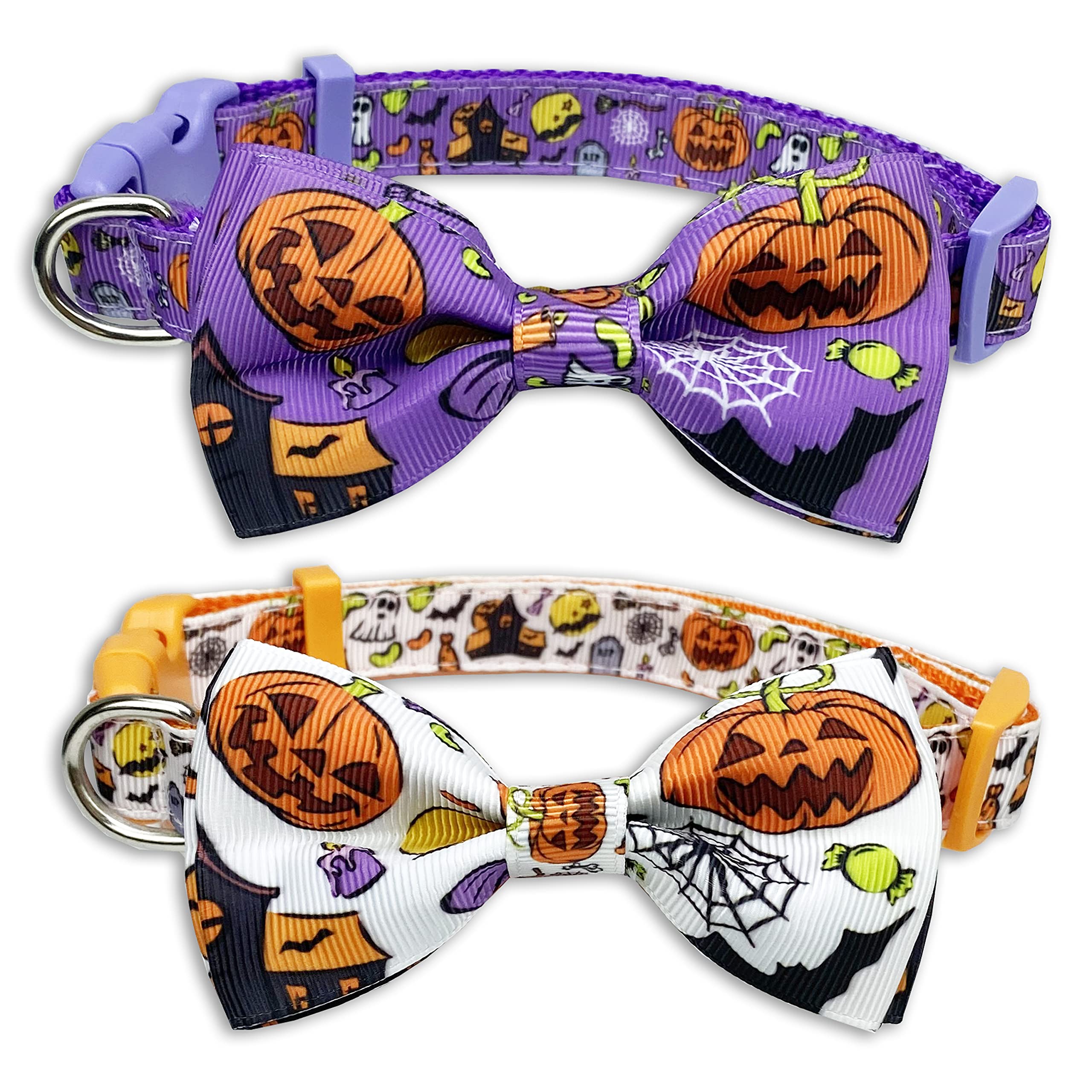 Halloween Dog Collar with Bow Tie - 2 Pack Pumpkin Pet Collar for Small Medium Large Dogs | Costume Party Accessory