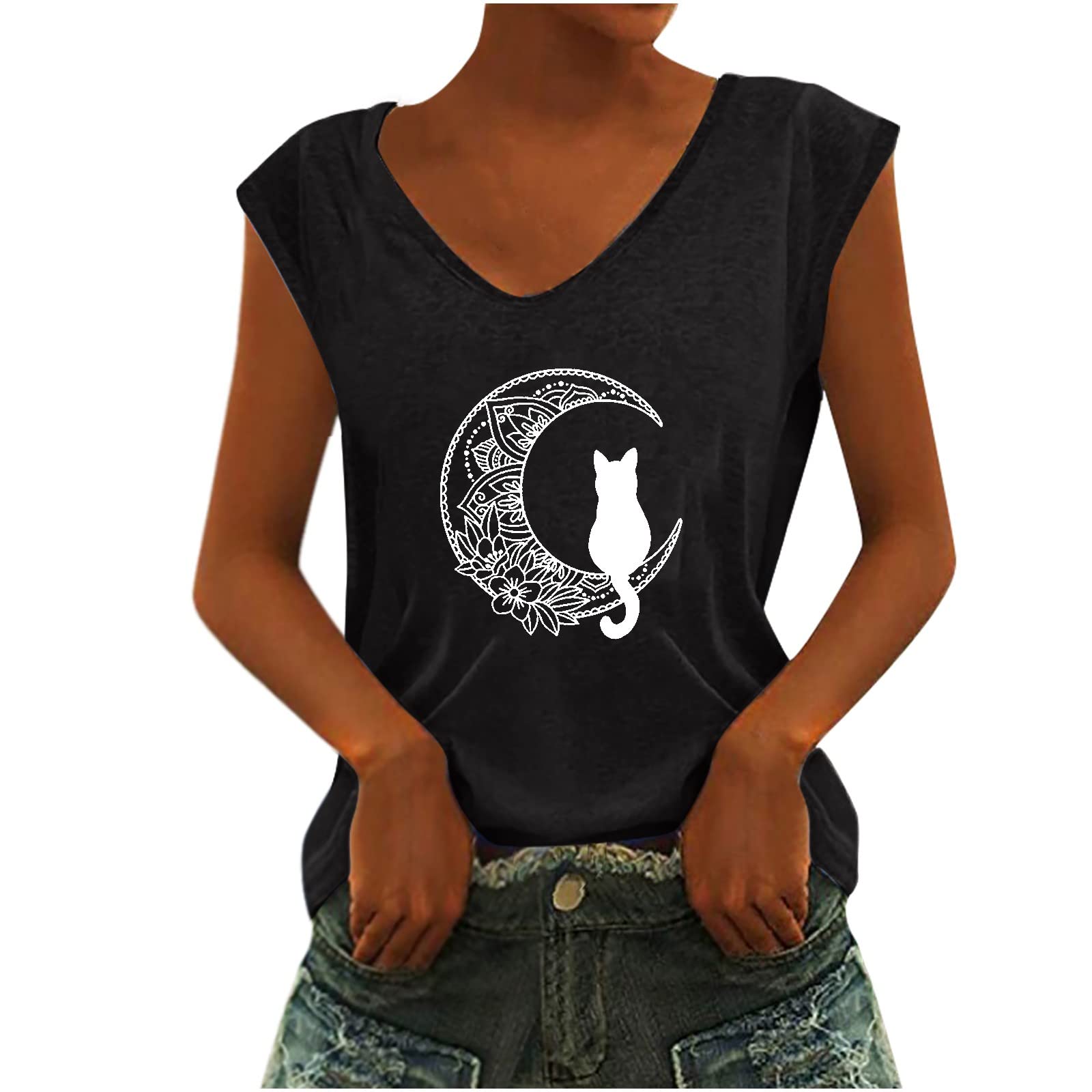 Women's Summer Cat Print Tank Top - Casual Sleeveless V-Neck Loose Graphic Tee for Teen Girls | Fashionable Going Out T-Shirt in Black | Perfect for Beach, Vacation & Casual Outings