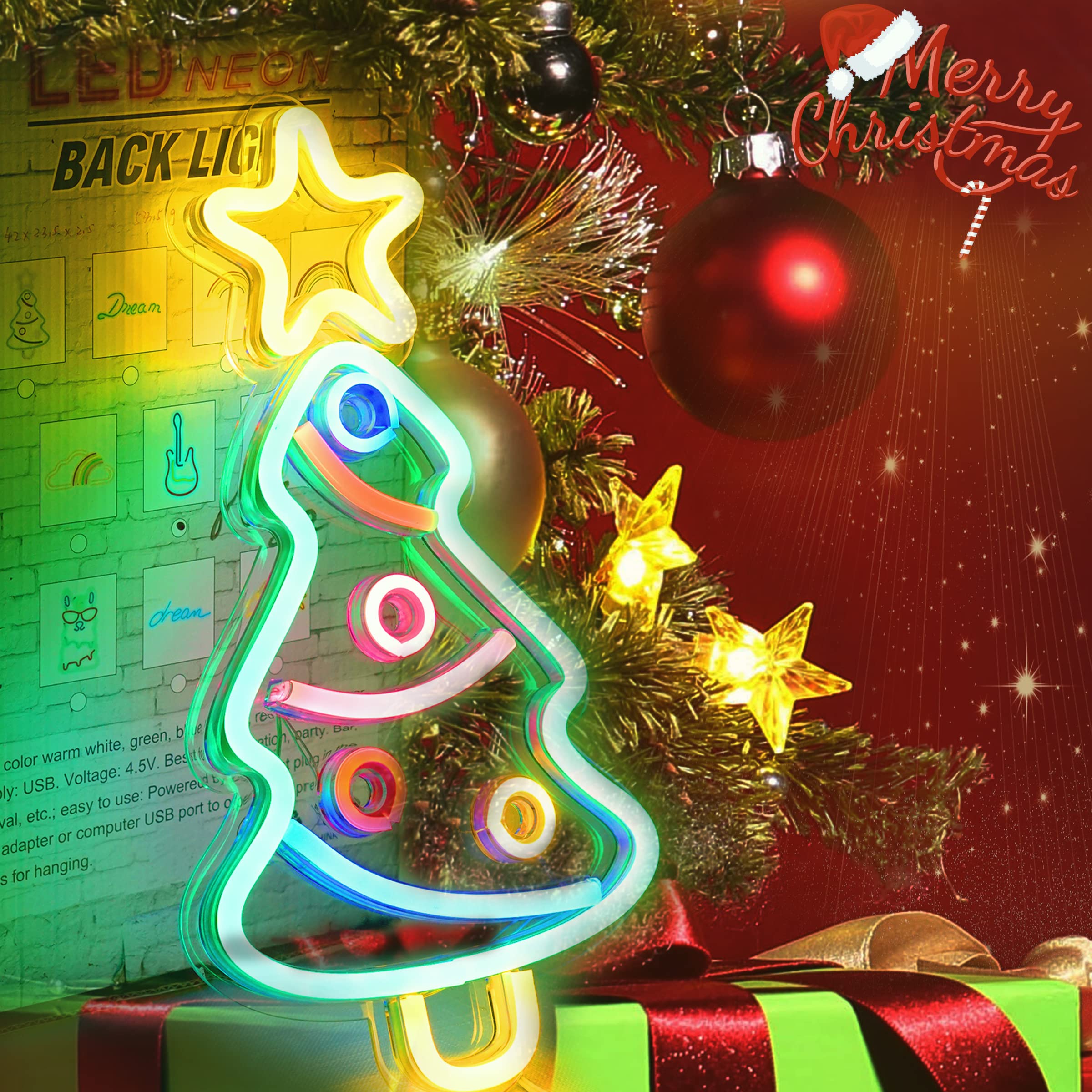 Christmas Tree Neon Sign - LED Xmas Tree Wall Decor with USB Power & Switch - Perfect for Bedroom, Living Room, Dining Room, Kids Room, Shops & Parties - Great Gift for Christmas, Birthday, Wedding & Festive Celebrations