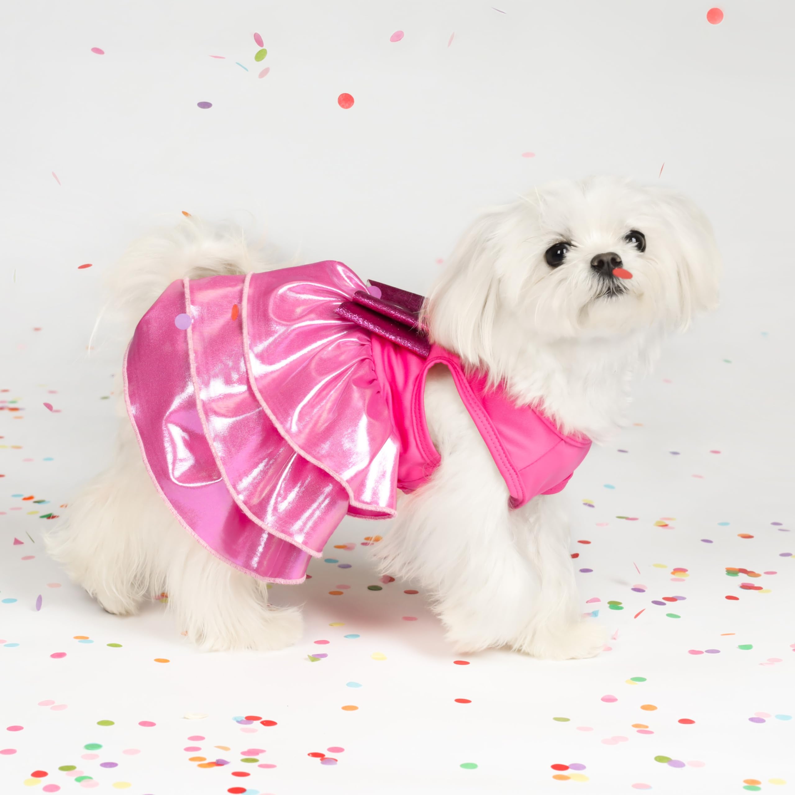Fitwarm Glossy Tiered Dog Dress for Small Dogs - Elegant Pink Pet Clothing for Female Puppies, Perfect for Birthday Parties & Special Occasions | Size Medium