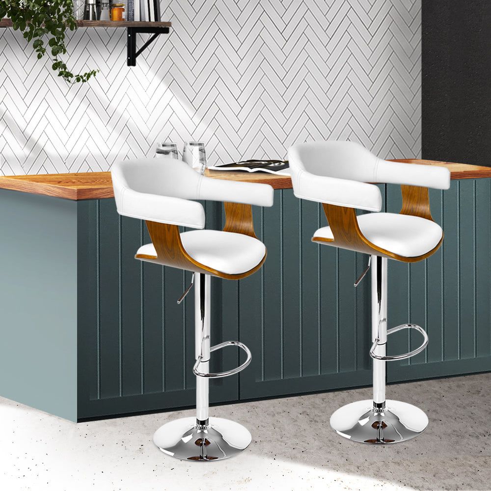 Adjustable Height Bar Stools with Gas Lift Mechanism - White Leather Upholstery & Armrests - Perfect for Kitchen Islands, Breakfast Bars & Home Bars