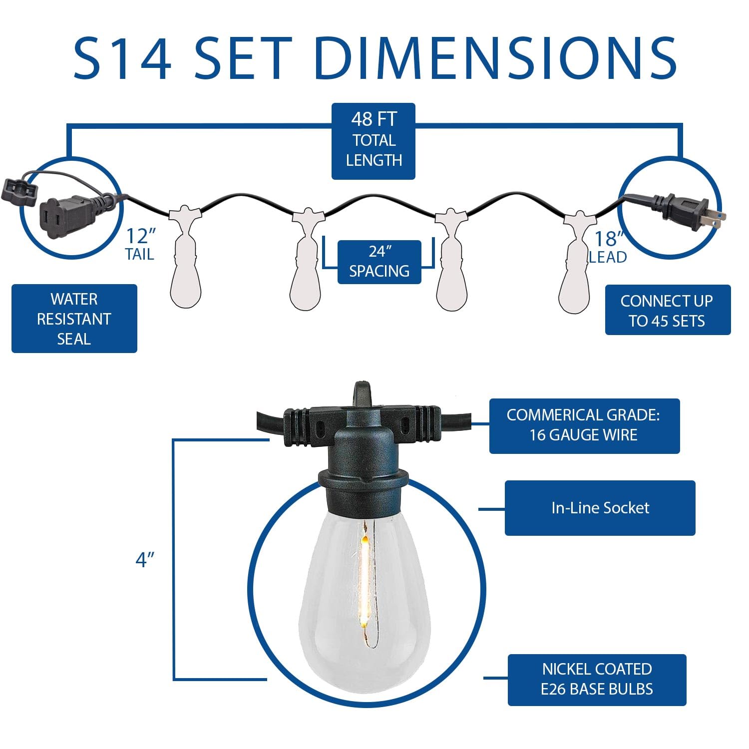 48 Ft Warm White LED Outdoor String Lights (2200K) - 24 Shatterproof S14 Edison Bulbs, Commercial Grade, Weatherproof - Perfect for Backyard, Patio, Garden, Wedding & Party Decorations