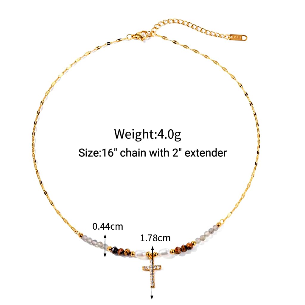 Gold Cross Necklace for Women - Handmade Gemstone Choker with Pearl Beads | Elegant Birthday Gift & Good Luck Jewelry | Perfect for Church, Weddings & Special Occasions