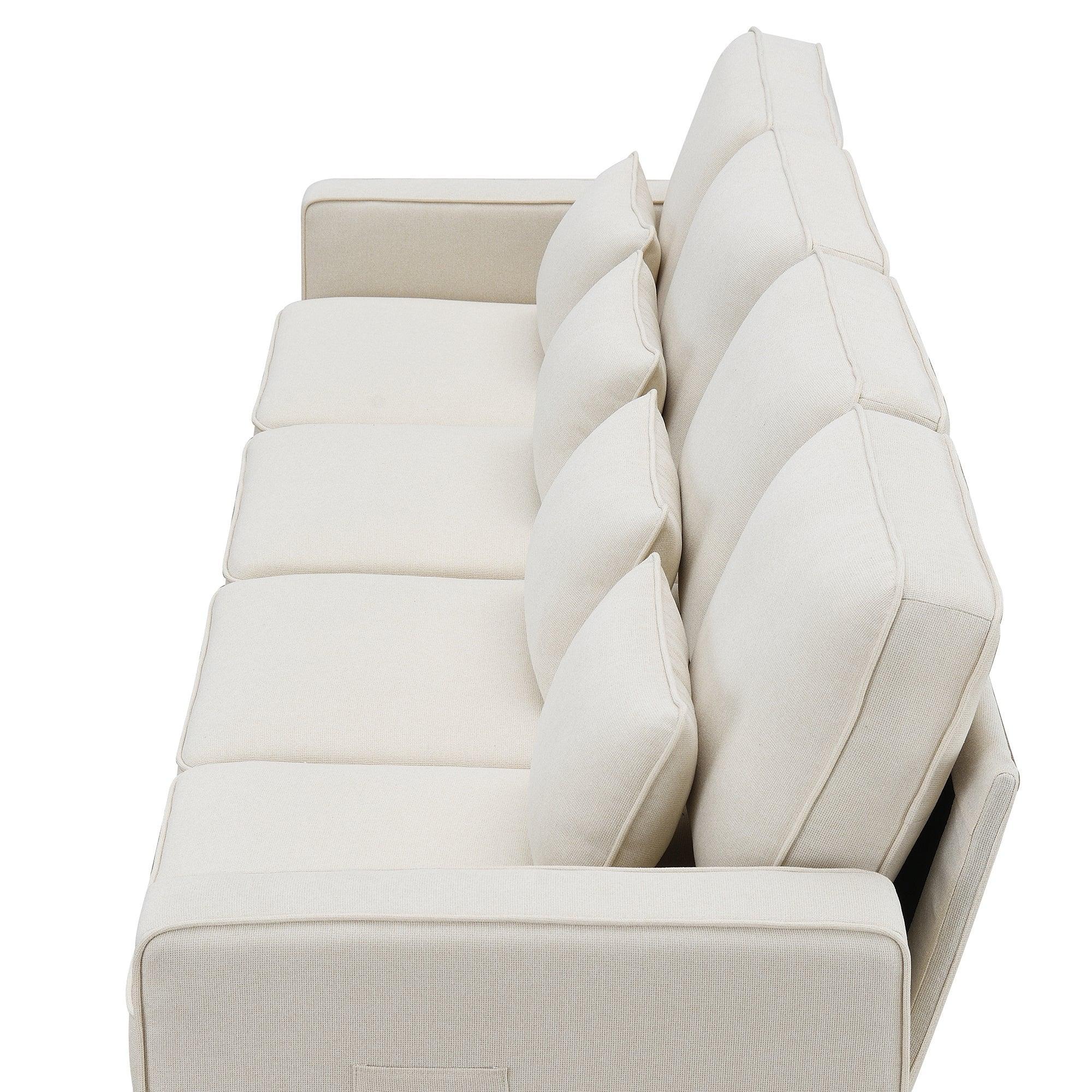Modern 4-Seater Linen Fabric Sofa with Armrest Storage Pockets & 4 Throw Pillows - Minimalist Living Room Couch for Small Spaces, Apartments and Cozy Home Decor