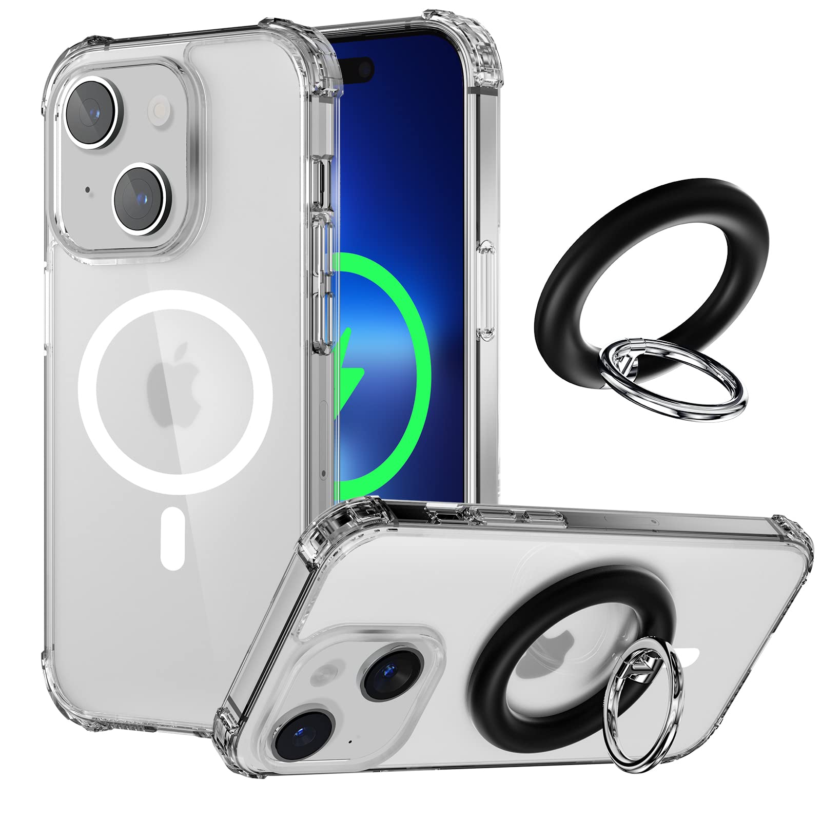 iPhone 14 Clear Magnetic Case with Military-Grade Protection | MagSafe Compatible | Built-in Finger Ring Grip & Stand Holder | Midnight Black | Perfect for Hands-Free Viewing & Secure Grip