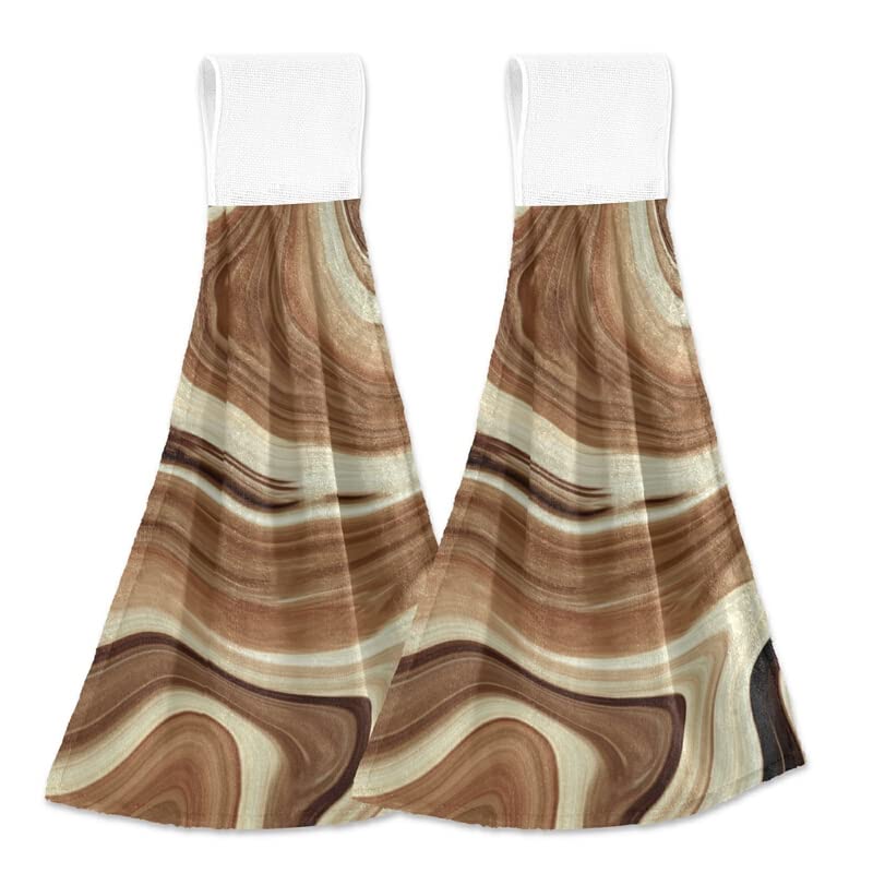 Brown Marble Texture Kitchen Towels with Hanging Loops - 2 Pack Absorbent Coral Velvet Hand Towels for Kitchen & Bathroom | Soft Dish Towel Set for Cooking, Cleaning & Decor
