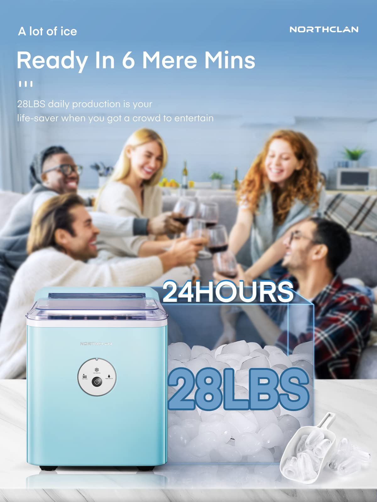 NORTHCLAN Portable Countertop Ice Maker Machine - 28 lbs Daily, 9 Cubes in 6 Mins with Ice Scoop & Basket - Compact Ice Cube Maker for Home, Kitchen, Office, Bar, Party & Outdoor Gatherings - Mint Green