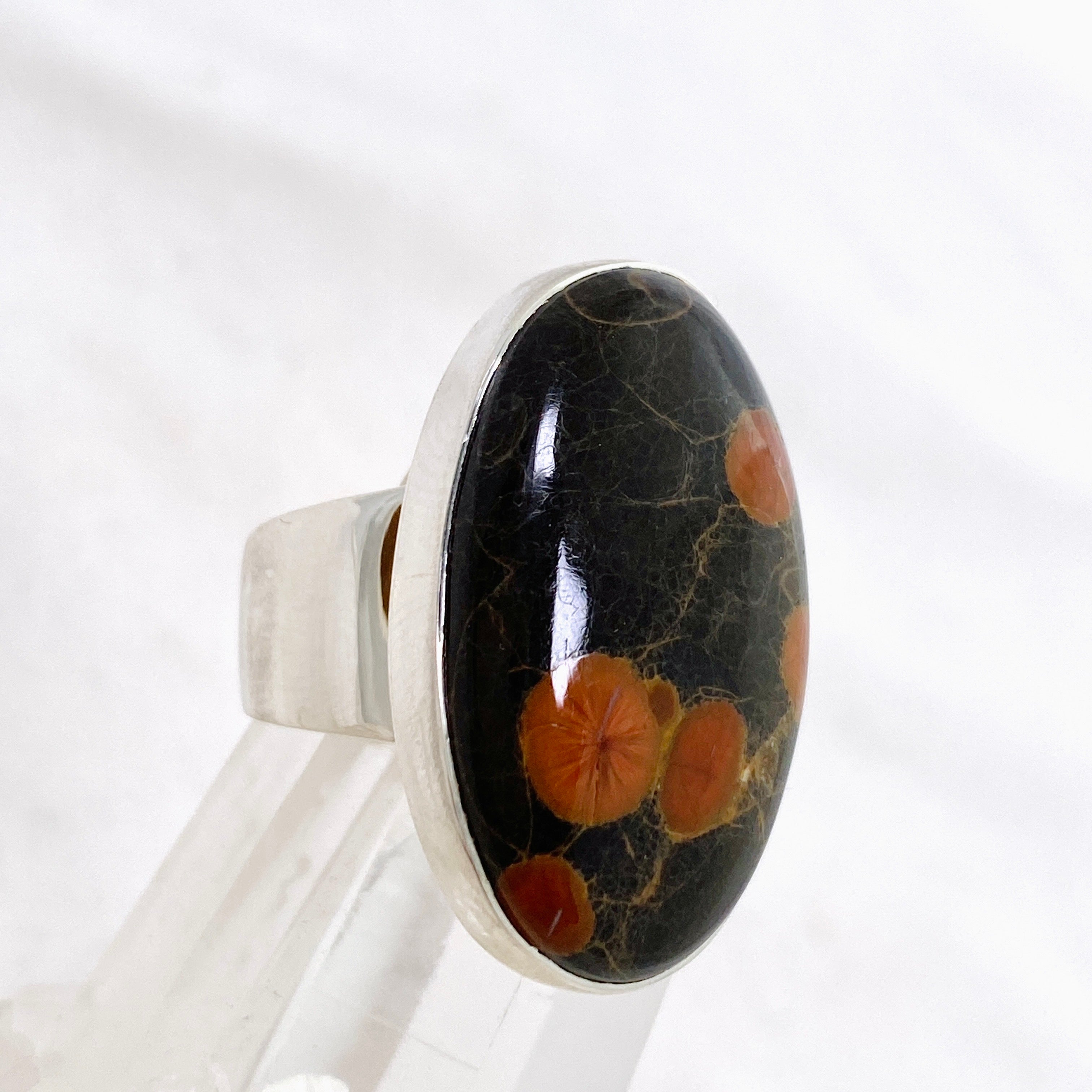 Natural Peanut Obsidian Perlite Oval Cabochon Ring - Size 8 - KRGJ3347 - Perfect for Boho Jewelry, Healing Crystals & Spiritual Gifts