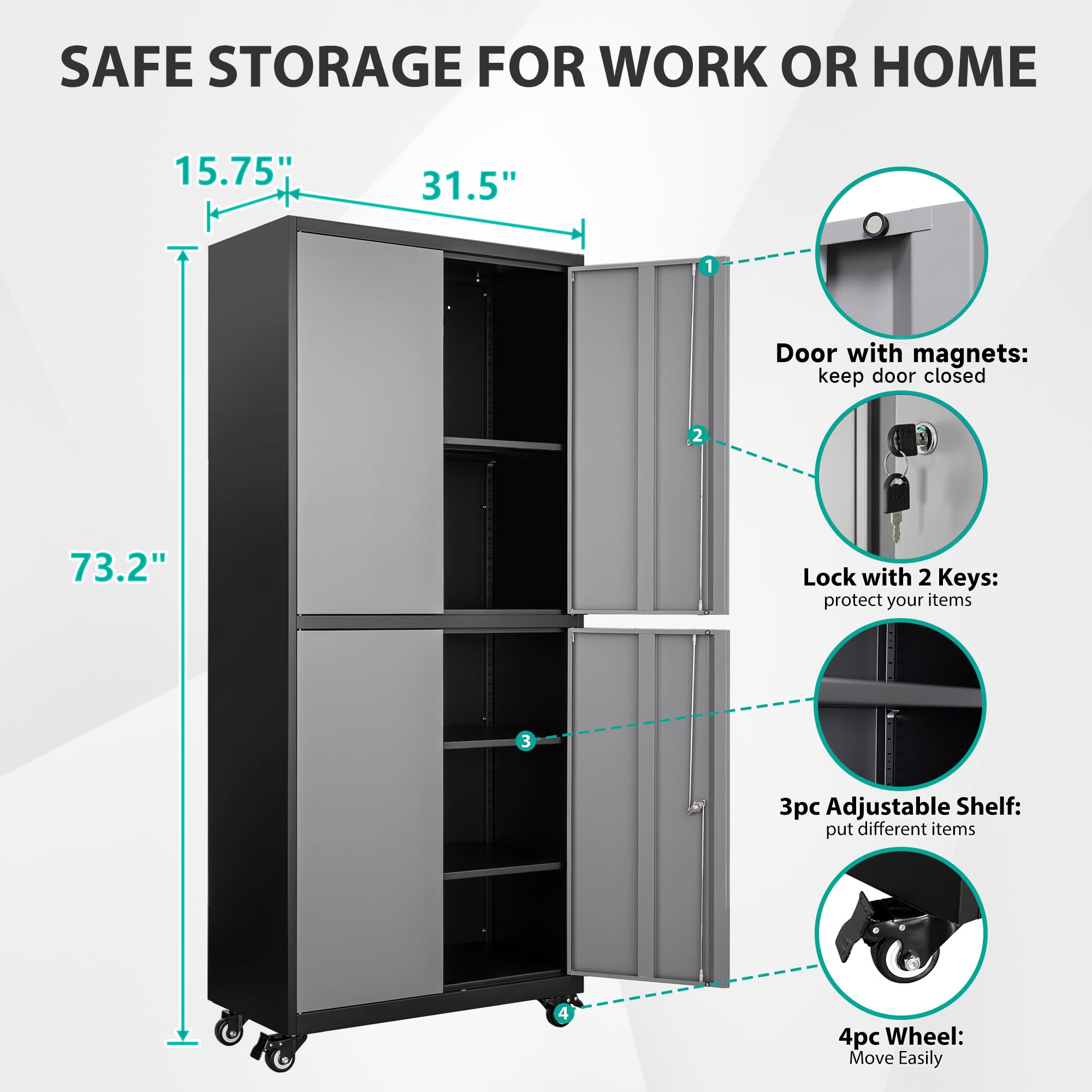 Heavy-Duty Rolling Metal Storage Cabinet with Lock & Wheels - Gray Lockable Garage Cabinet with Adjustable Shelves for Tools, Home, Office & Workshop Organization | Ideal for Garage Storage, Workshop Tool Organization & Home Office Supplies