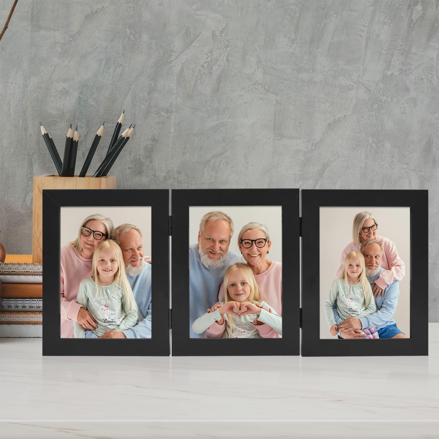 Frametory 5x7 Triple Picture Frame - Black Trifold Photo Collage with Glass Front for Tabletop Display | Perfect for Family Photos, Wedding Memories, and Home Decor (1 Pack)