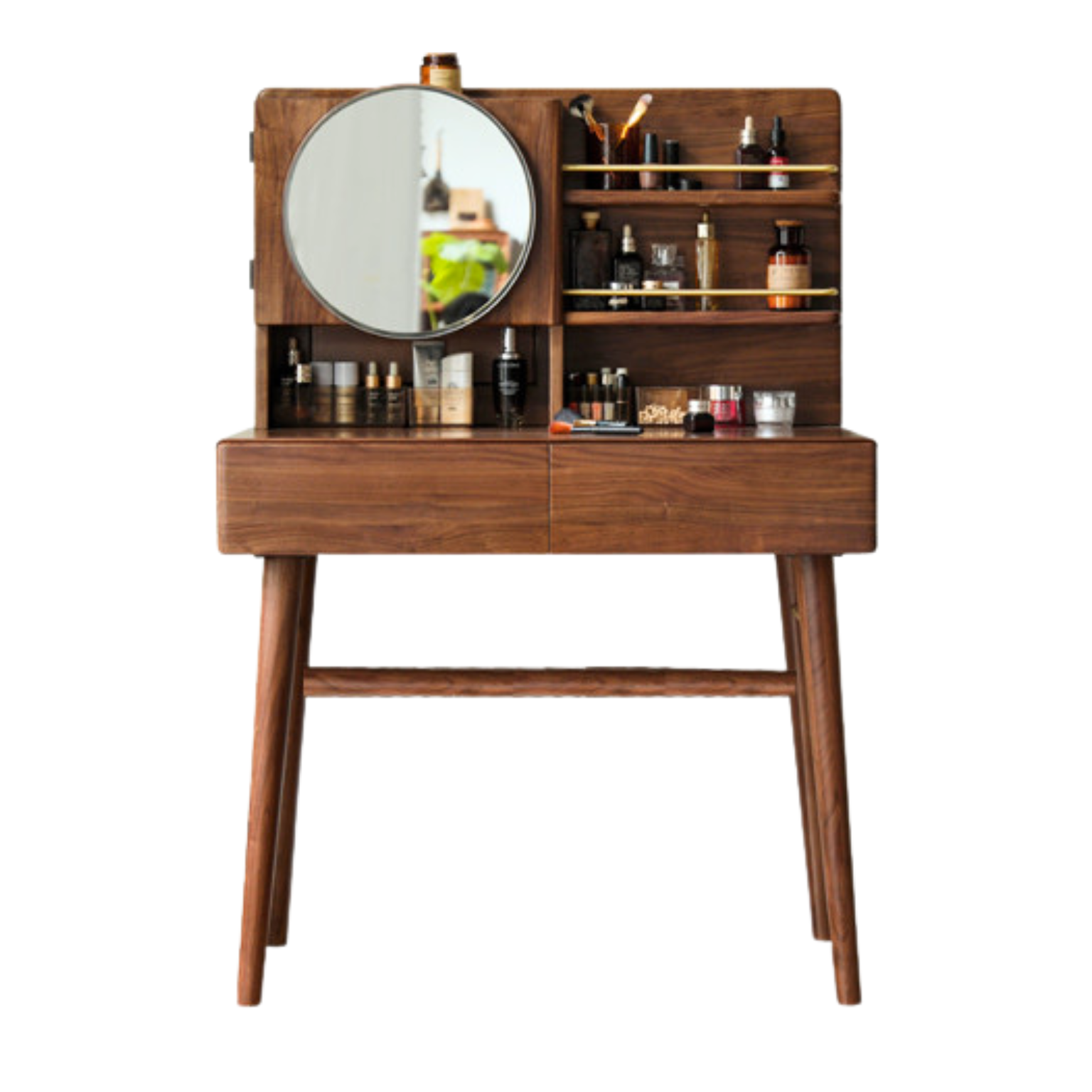 Black Walnut Solid Wood Moon Makeup Mirror Vanity Dressing Table - Elegant Bedroom & Bathroom Decor for Women