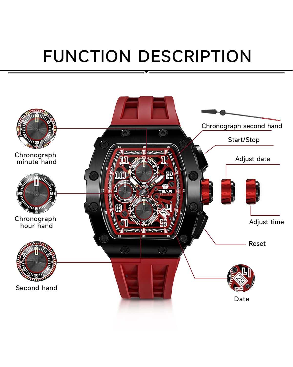 TSAR BOMBA Luxury Men's Watch - Japanese Quartz Chronograph with Sapphire Crystal & Luminous Diver Design - 50M Water Resistant Rubber Strap Watch for Business, Casual & Diving - Perfect Gift for Him