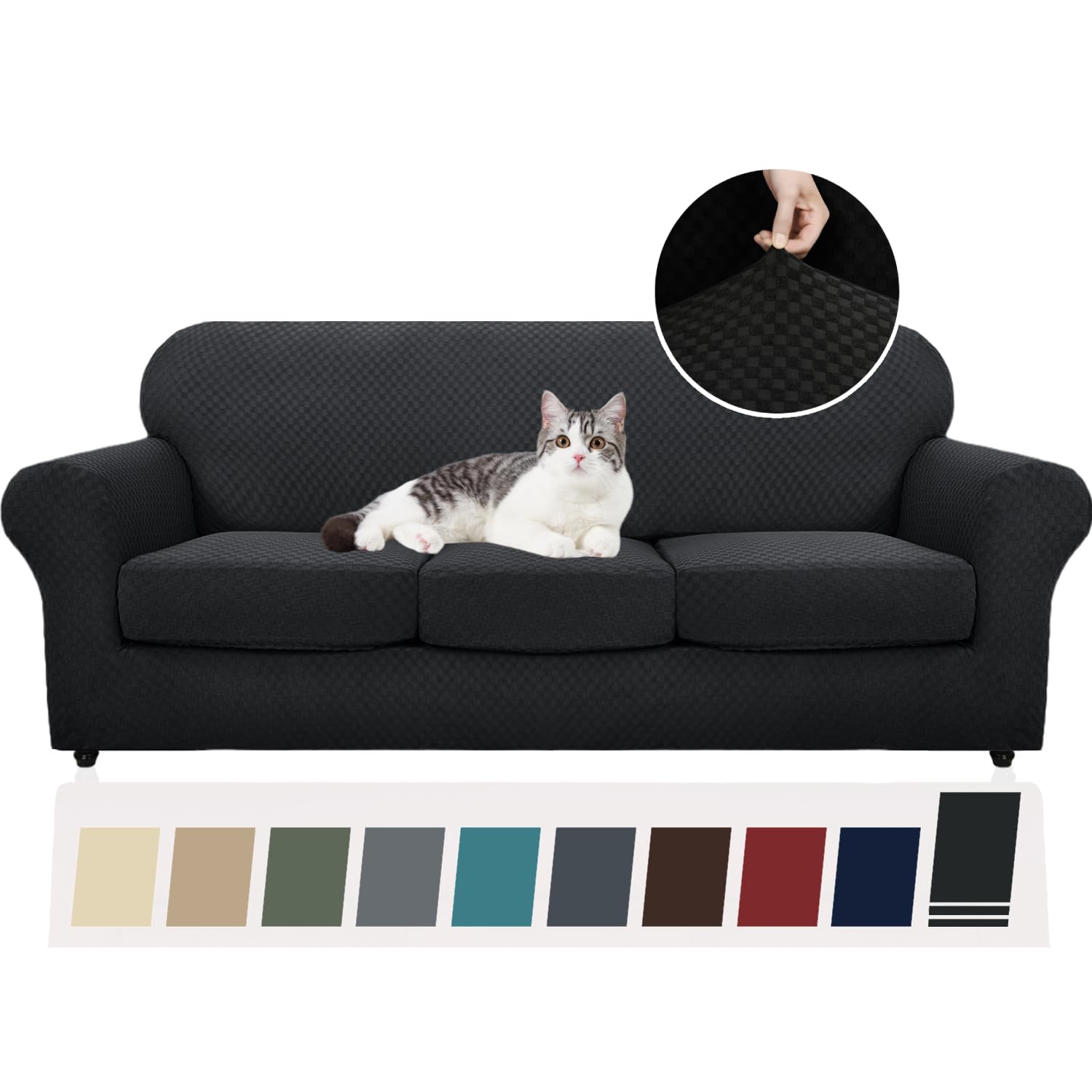 YEMYHOM 4-Piece Stretch Checkered Sofa Cover for 3-Cushion Couch - Thickened Elastic Slipcover for Pets, Furniture Protector (Black, 71