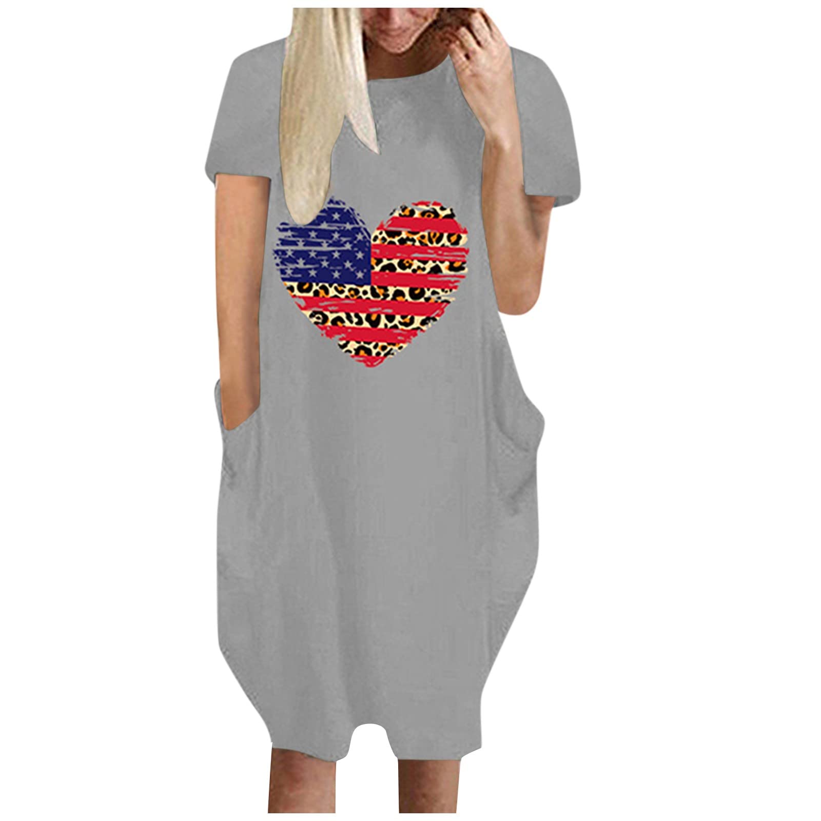 4th of July Patriotic Dress for Women - Red White Blue Polyester Birthday Dress with Pockets, Short Sleeve & Oversized Heart Design - Comfortable O-Neck Casual Summer Dress for Independence Day Celebrations, BBQ Parties & Outdoor Events