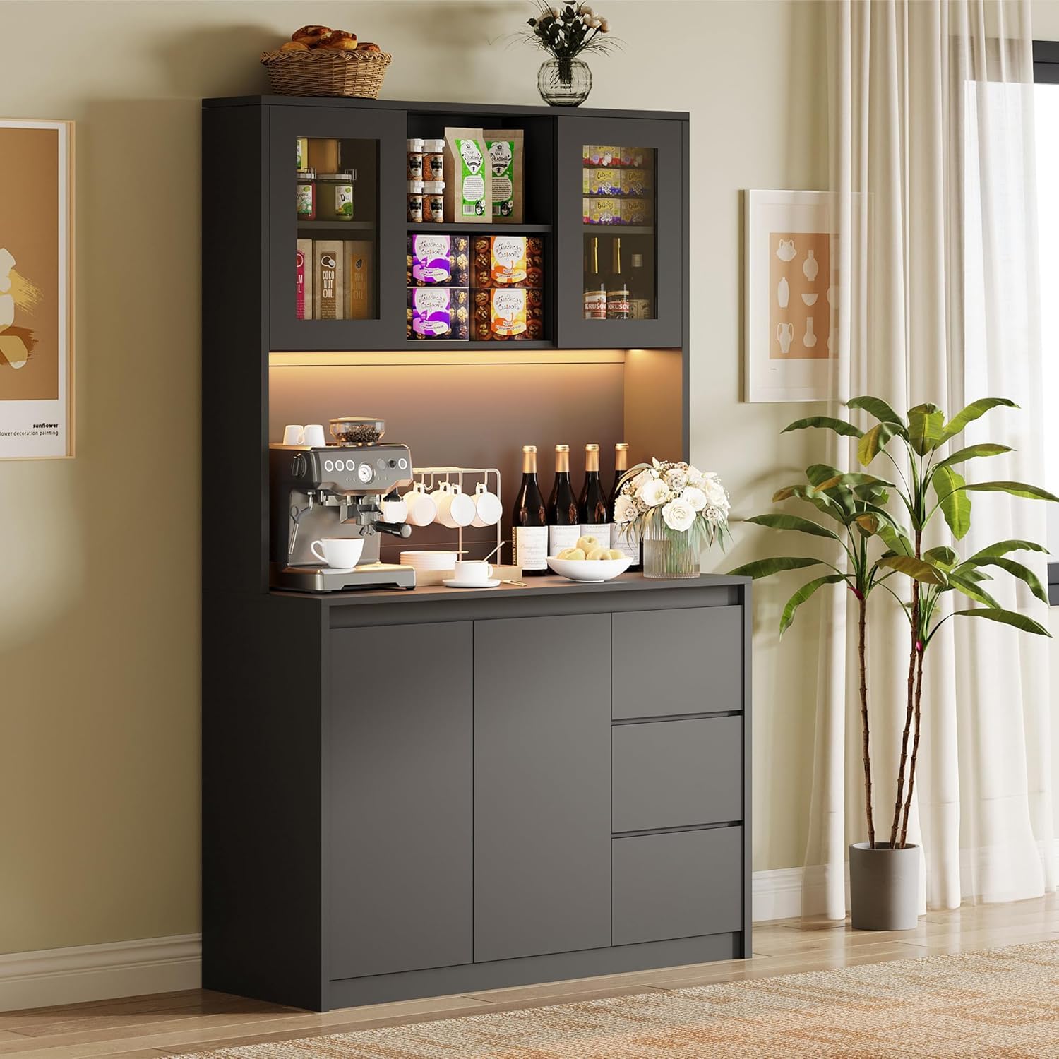 Modern Black Kitchen Pantry Cabinet with LED Lights & Charging Station - Tall Storage Hutch with Microwave Stand, Buffet Cabinet & Countertop - Perfect for Small Kitchens, Dining Room Storage & Home Organization